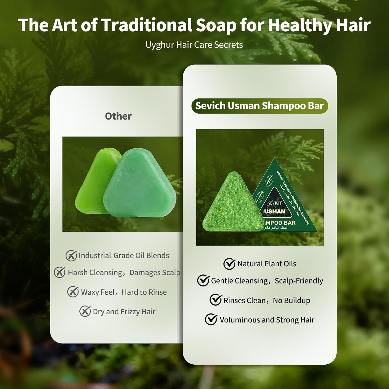 SEVICH Usman Grass Shampoo Bar with Foaming Nets,Nature Triangle Shampoo Bar,3-In-1 Plant Oil Concentrate for Hair Strengthening,For All Hair Types,Travel Size,120G image number 3