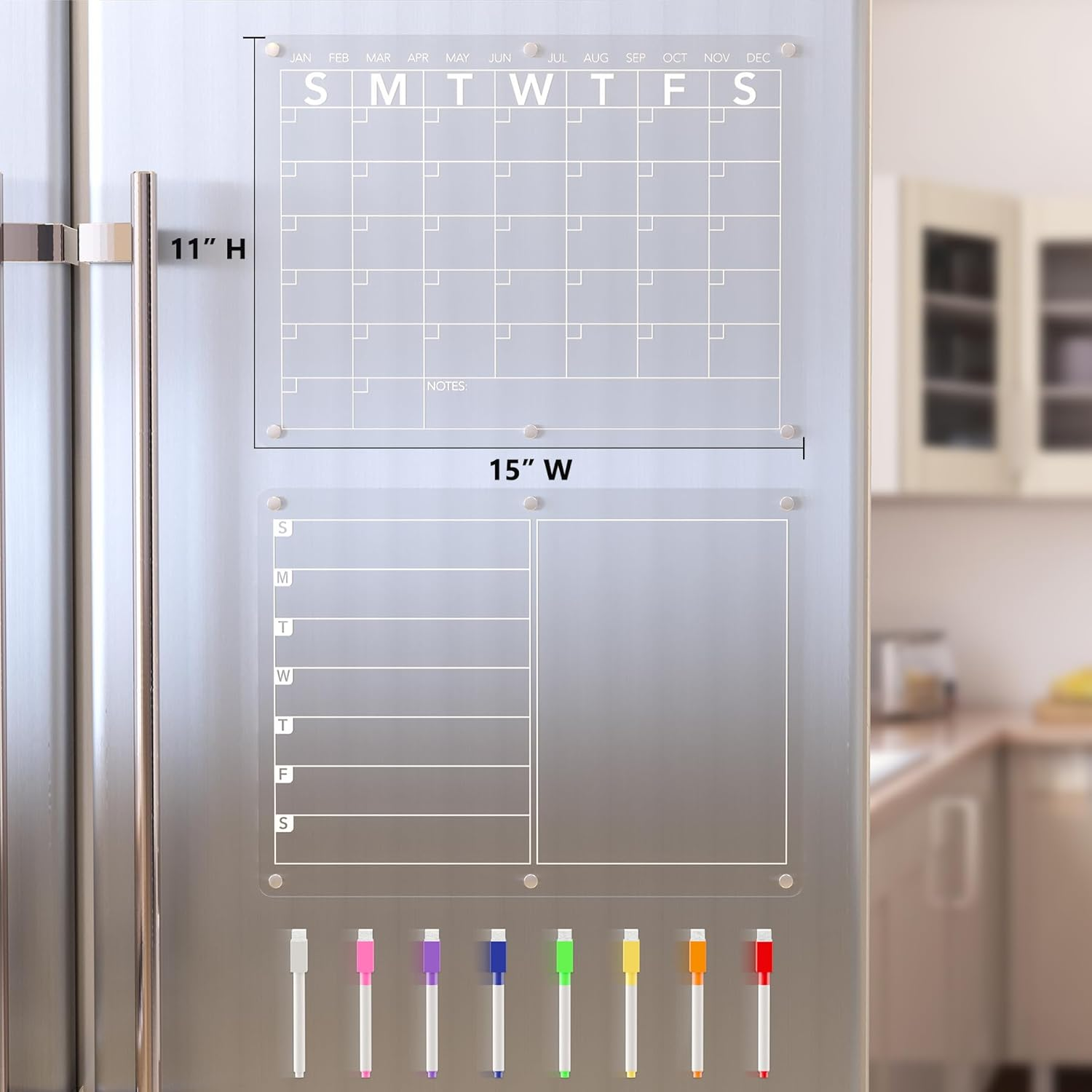 Magnetic Acrylic Calendar for Fridge 2 Pack, 16''X12'' Clear Monthly and Weekly Dry Erase Board for Refrigerator, Meal Planner, Menu Board for Kitchen, W/ 8 Colors Markers image number 6