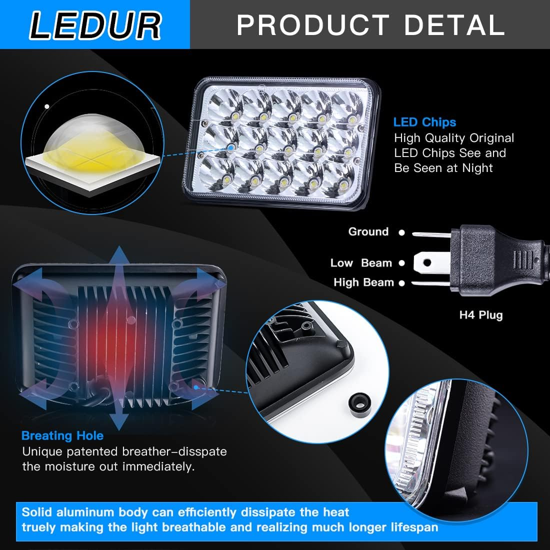 LEDUR 4X6 LED Headlight Dot Approved Hi/Lo Sealed Beam Replacement H4651 H4652 H4656 H4666 H6545 Compatible with Peterbilt Kenworth T600 W900 T800 Truck Peterbilt 379 S10 RV Freightliner image number 6