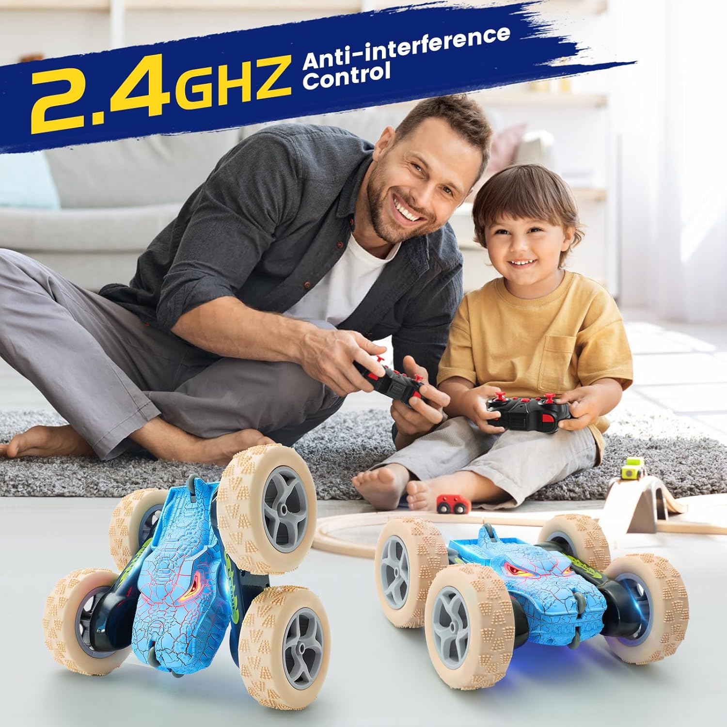 Remote Control Car for Kids &ndash; 2.4Ghz Dinosaur Monster RC Stunt Car - 360&deg; Rotating Drift with LED Lights - Rechargeable 4WD Toy for Boys and Girls Ages 6+ - Indoor/Outdoor RC Vehicle (Blue) - Blue image number 3