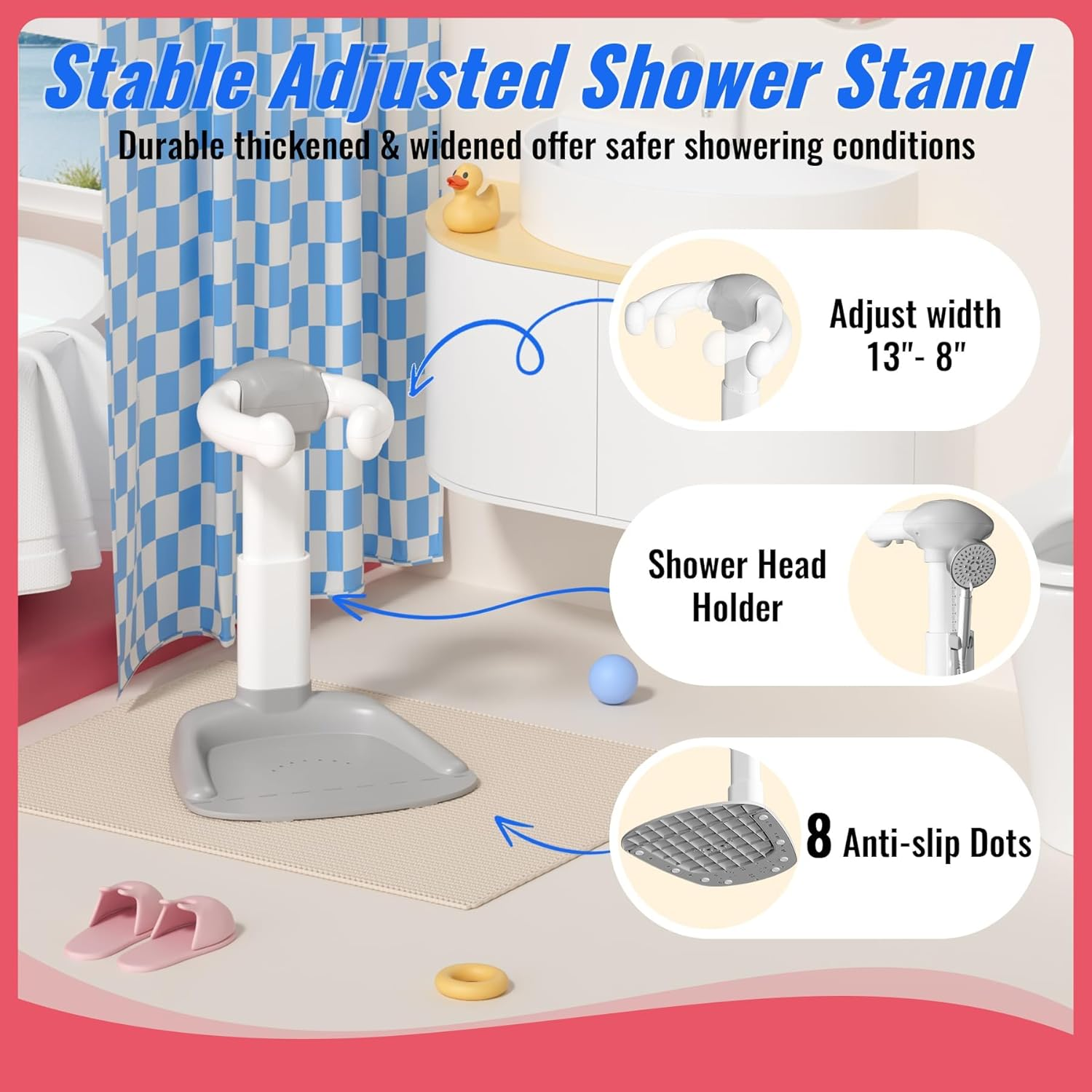 Baby Shower Standing Support, Adjustable Toddler Bath Stand with anti Slip Baseboard, for Changing Clothes, Bathing by Standing up Themselves, Shower Holder Maker Idea 8-36 Months image number 2