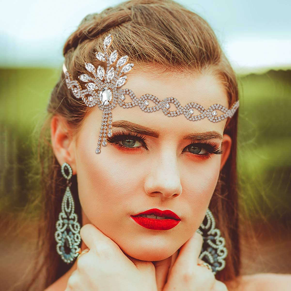 Minkissy 1920S Flapper Accessories Bridal Crystal Headband Headpiece for Party Accessories (Golden) image number 5