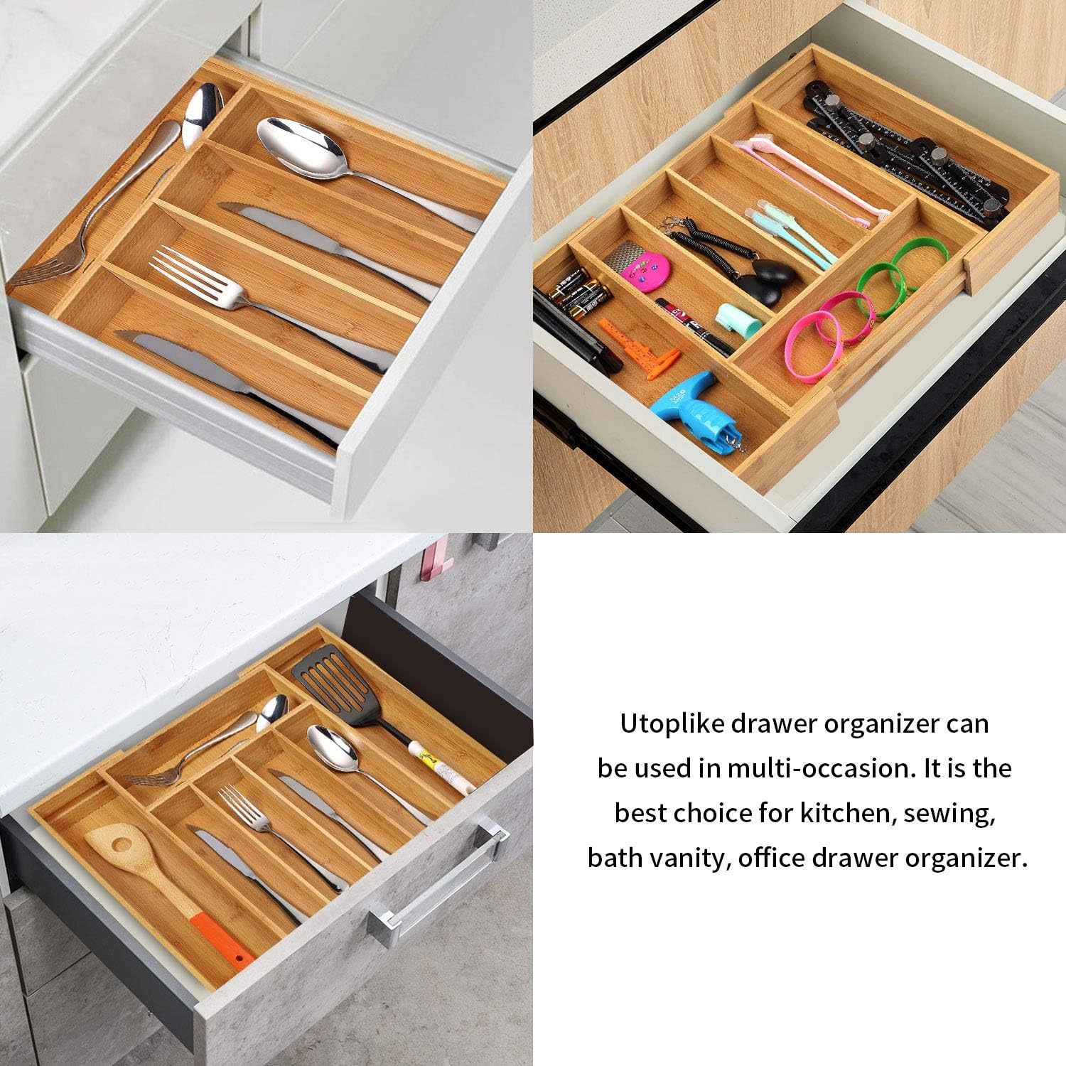 Utoplike Bamboo Expandable Cutlery Organizer Tray, Kitchen Drawer Organiser, for Silverware, Flatware, Utensils, Cutlery, Accessories or Gadgets (Natural)