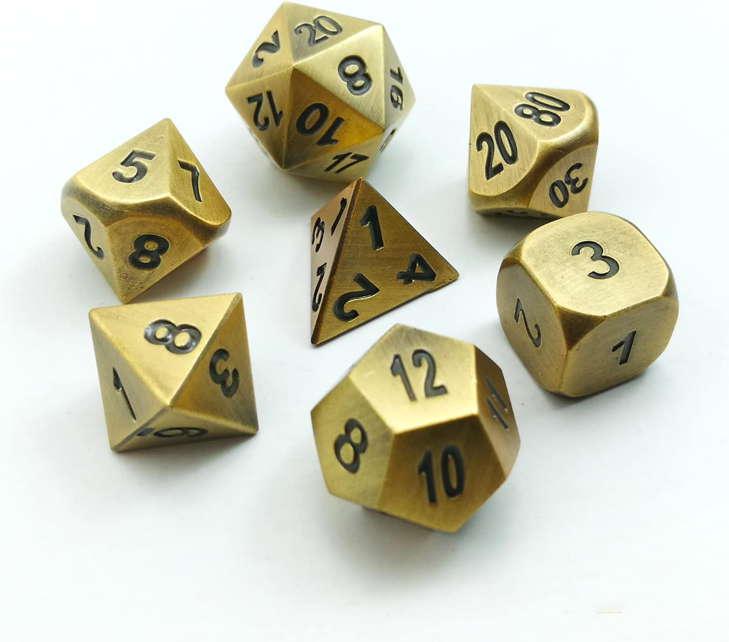 Bescon Deluxe Golden Solid Metal Polygonal Dice Game Dice for DND Dungeons and Dragons, Gold Metallic RPG - Role Play Polyhedral Dice 7 Pieces Set D4 D6 D8 D10 D12 D20 D%