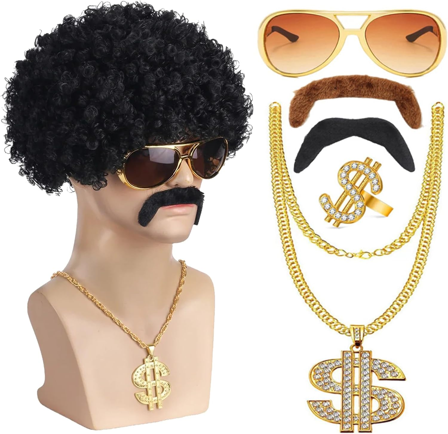 6 Pcs Hip Hop Wig Kit, Mens 70S/80S Disco Costume Set, Hippie Wig/Punk Sunglasses/Dollar Sign Finger Ring and Necklace/False Beard Theme Party Cosplay Accessories image number 6