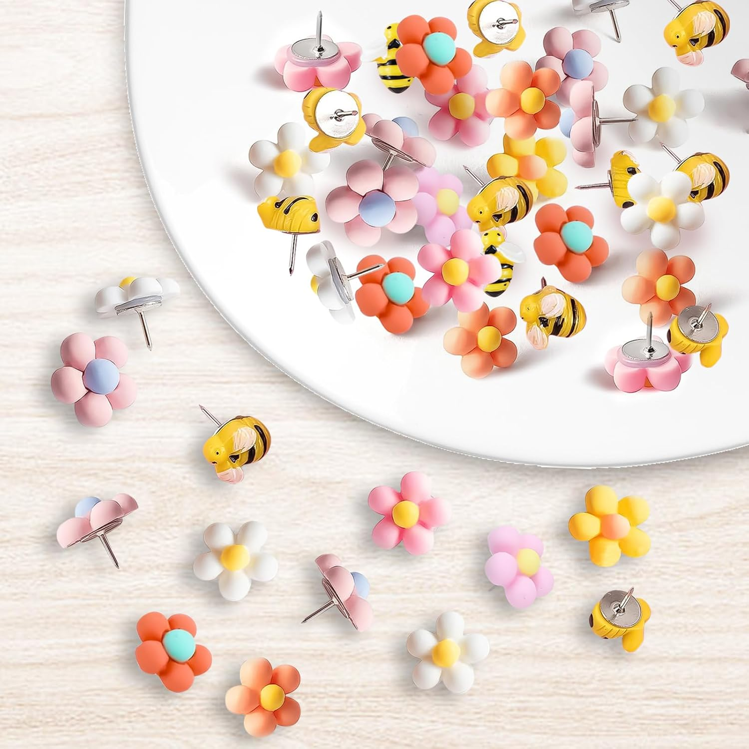 46Pcs Flower Drawing Pins for Pinboard, Bee Push Cute Pin Board Pins with Storage Box, Thumbtacks Reusable Pushpins Pins for Cork Board, School, Office Map, Photo Wall Use image number 3