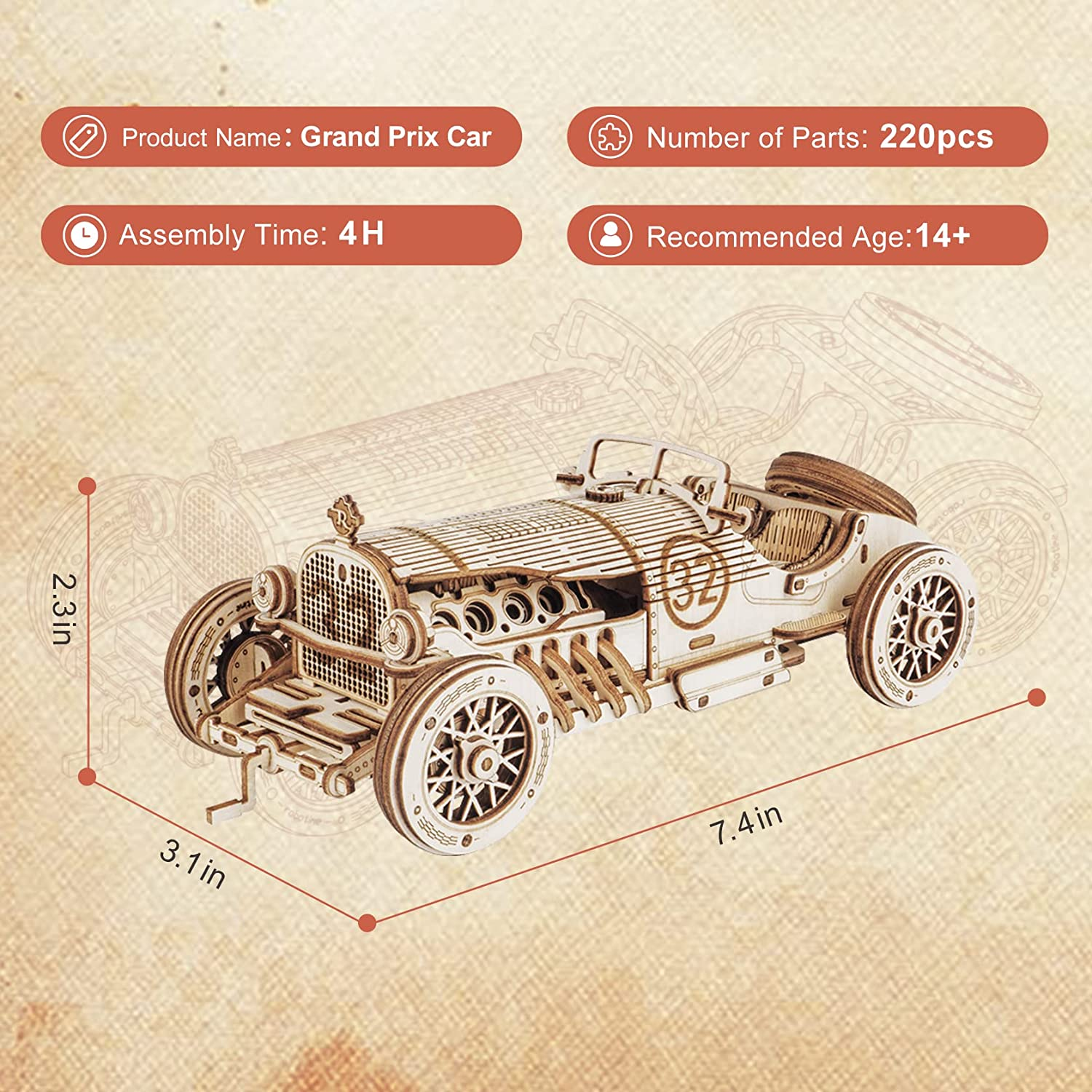ROKR 3D Wooden Puzzles for Adults Mechanical Models Kits to Build (Grand Prix Car) image number 3