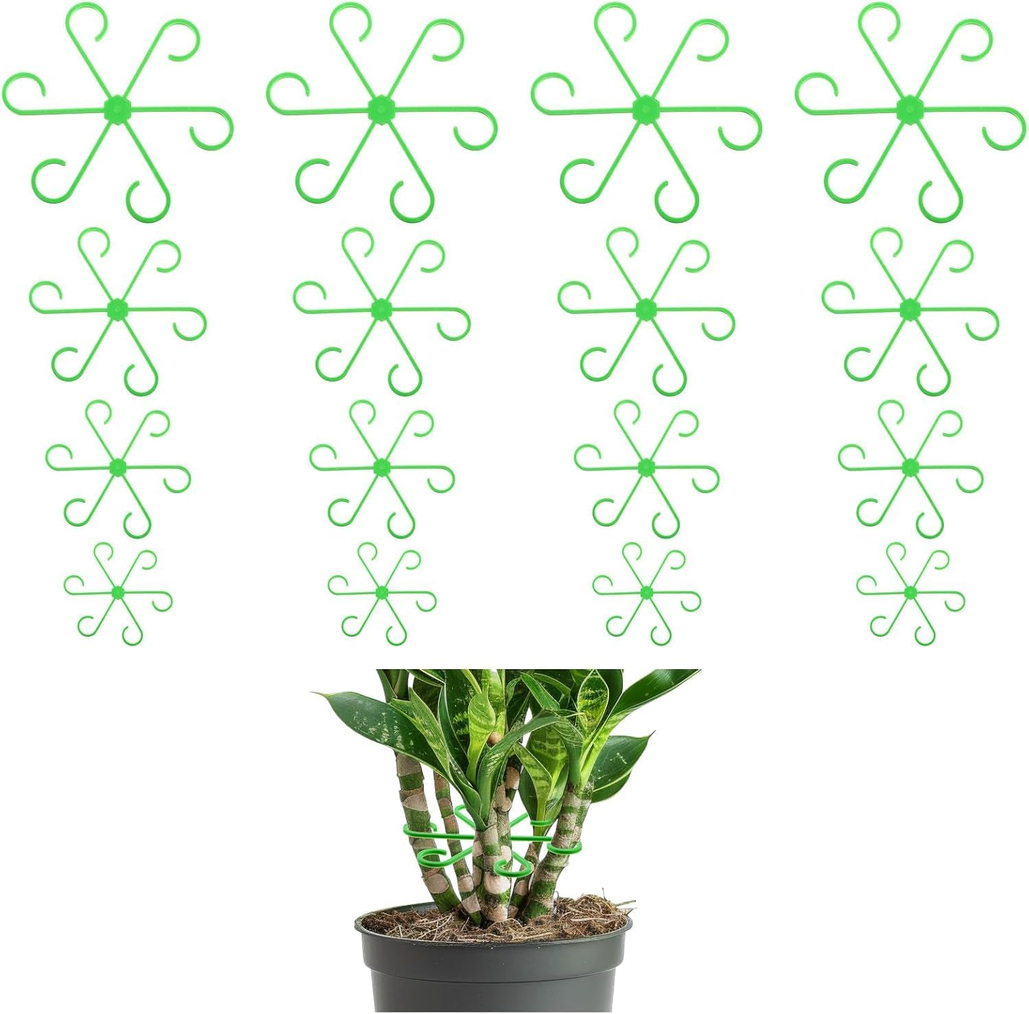 Plant Support Stakes, 16 Piece 4 Sizes Green Plastic Climbing Stem Holders Indoor Plant Trellis Support for Flowers, Flower Plant Stem Hook Stakes Trellis Climbing Indoor Plant Stem Supports Rack