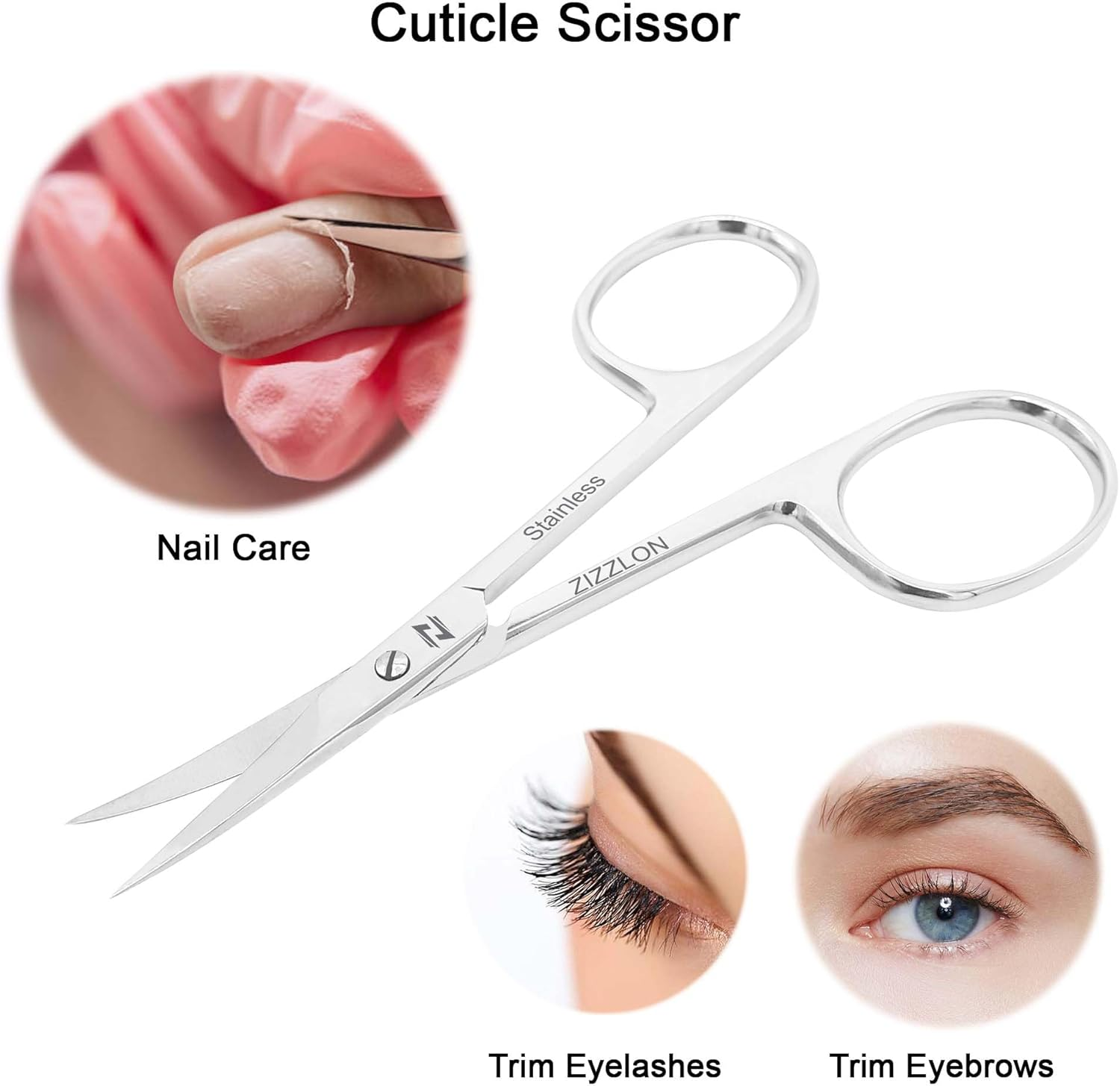 ZIZZLON Cuticle Scissors Extra Fine Curved Stainless Steel, Professional Eyebrow Scissors for Beard, Nose Hair, Eyelash, Mustache, Dry Skin - Manicure Scissors