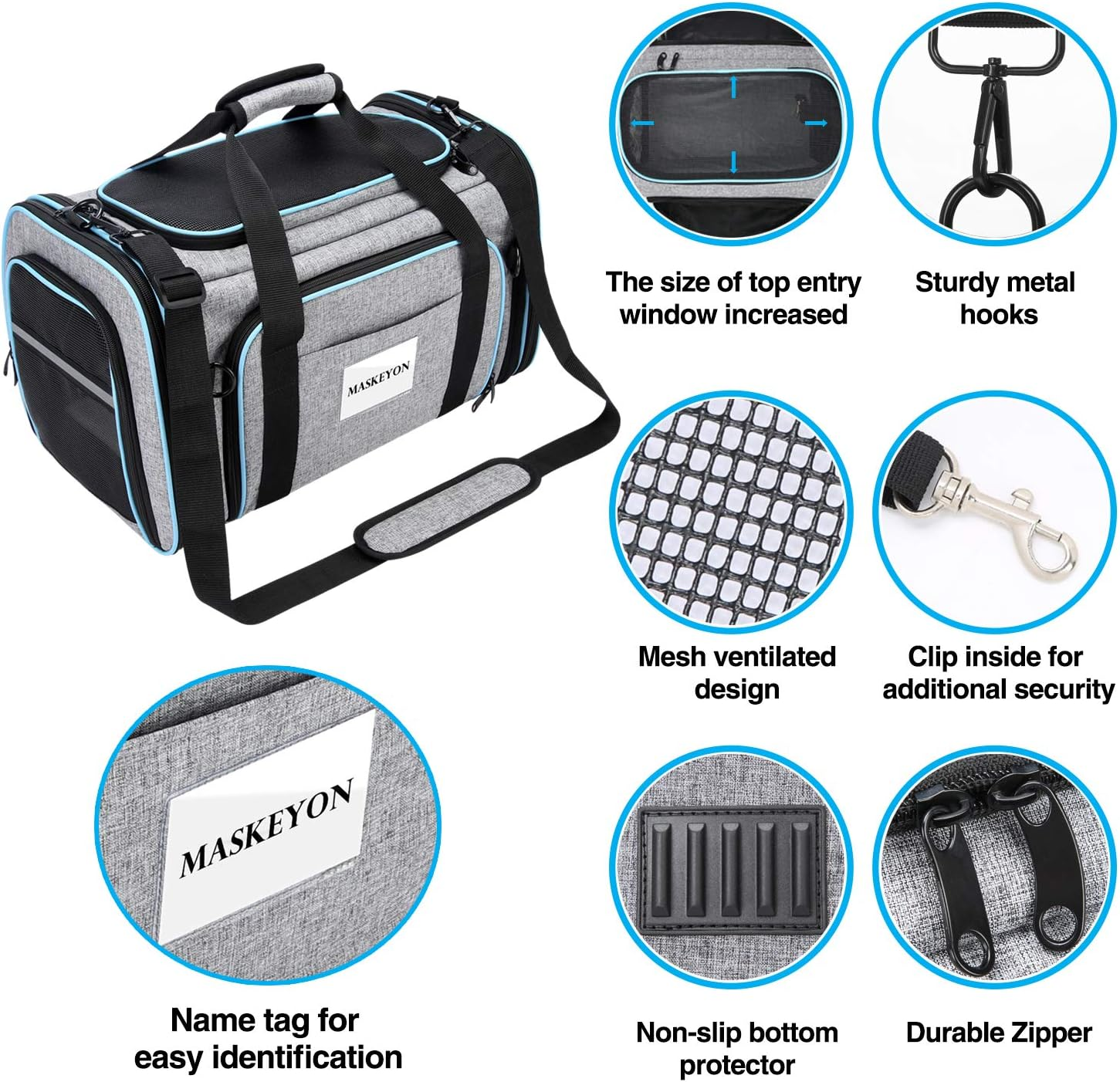 Maskeyon Airline Approved Pet Carrier, Large Soft Sided Pet Travel TSA Carrier 4 Sides Expandable Cat Collapsible Carrier with Removable Fleece Pad and Pockets for Cats Dogs and Small Animals image number 6