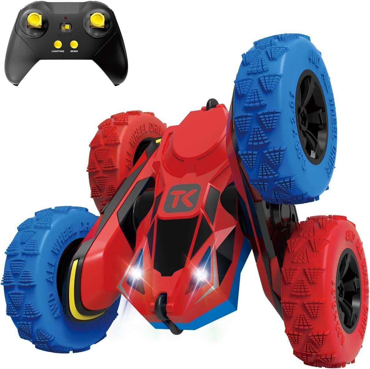 Threeking RC Stunt Cars Remote Control Car with Lights Double-Sided Driving 360-Degree Flips Rotating Car Toy Gifts Presents for Kids Ages 6+, Red
