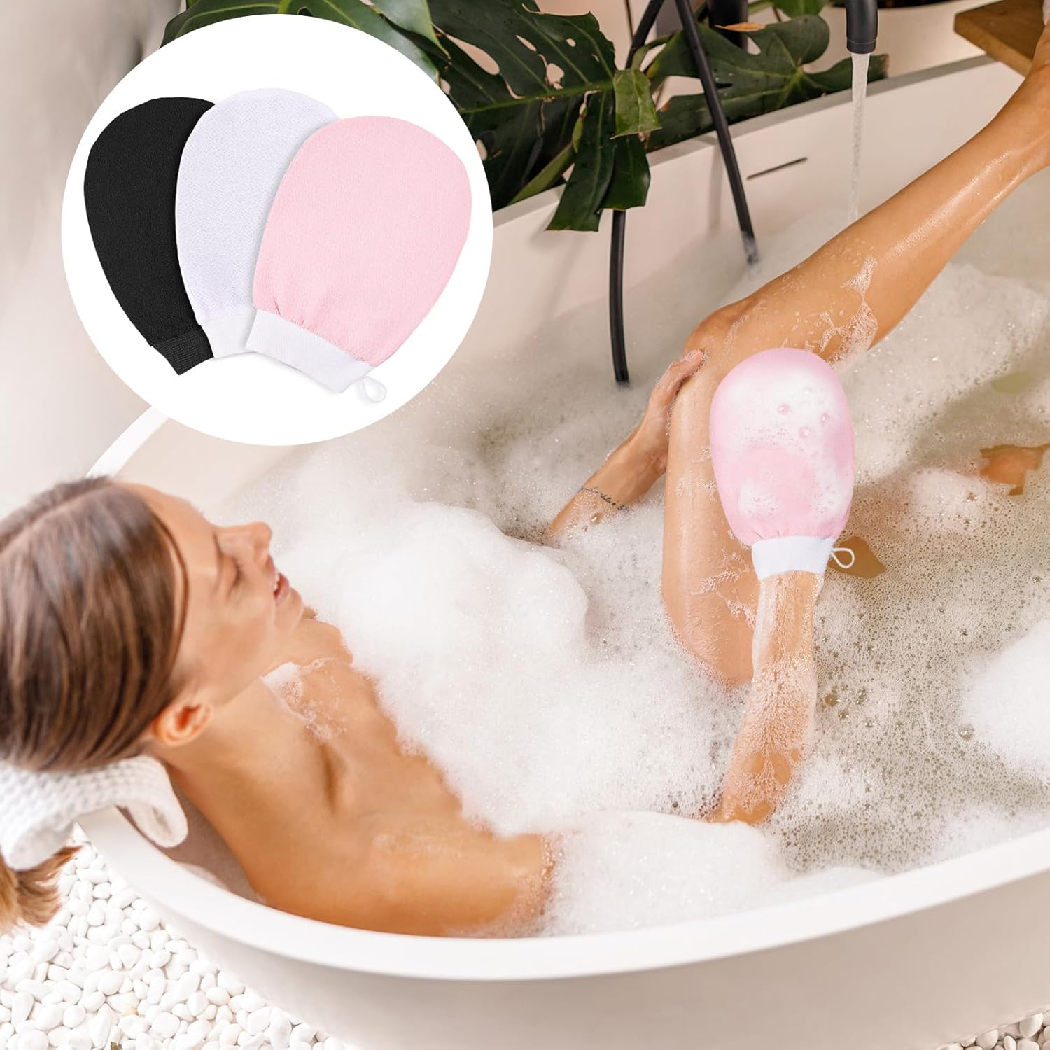 Havenease 3-Pack Korean Exfoliating Mitts & Gloves Set,Deep Cleansing Scrub Gloves,Remove Dead Skin Bath Body Scrub Mitt for All Skin Types and Improve Blood Circulation,Spa,Shower,Dead Skin Cell Remover (White, Pink, Black) image number 5