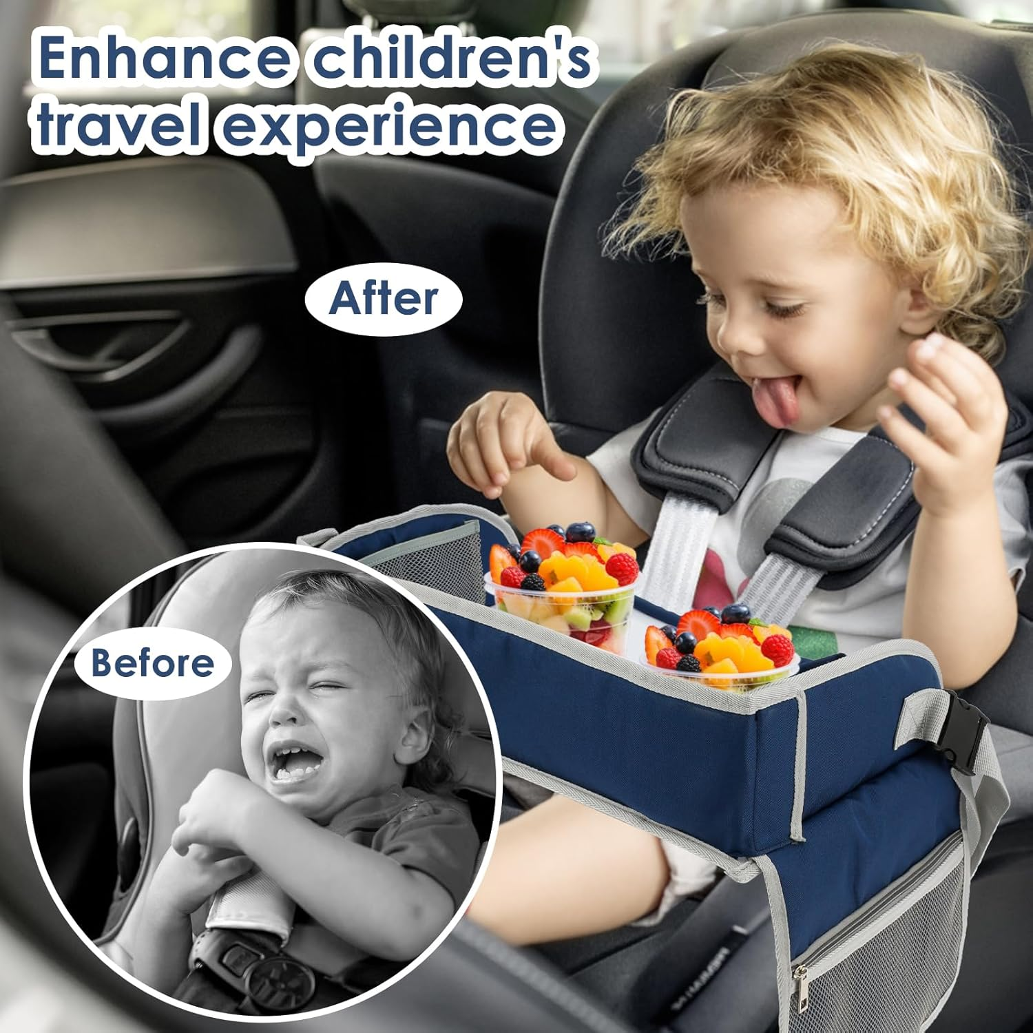 Car Seat Tray Travel Lap Desk Accessory with Adjustable Strap Portable Easy to Clean Car Seat Tray Large Multifunction Backseat Tray Table Holder for Your Child'S Rides and Flights (Navy Blue) - Navy Blue image number 6