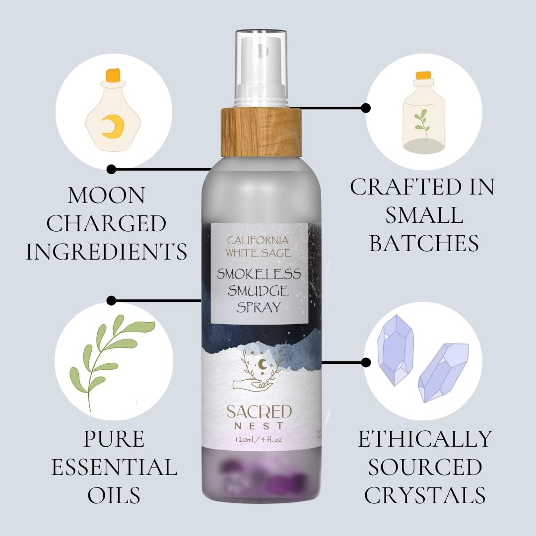 Sacred Nest California White Sage Spray with Crystals 120Ml/4Oz | Smudge to Cleanse Negative Energy | Natural Room Alternative to Incense Sticks | Moon Charged Mist & Crystals