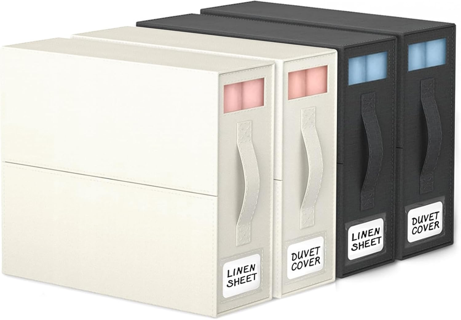 4 Pack Bed Sheet Organisers with Window - Foldable Bedding Linen Organiser for Sheets, Closets, Wardrobe, Home, Space-Saving Storage Solutions - Grey