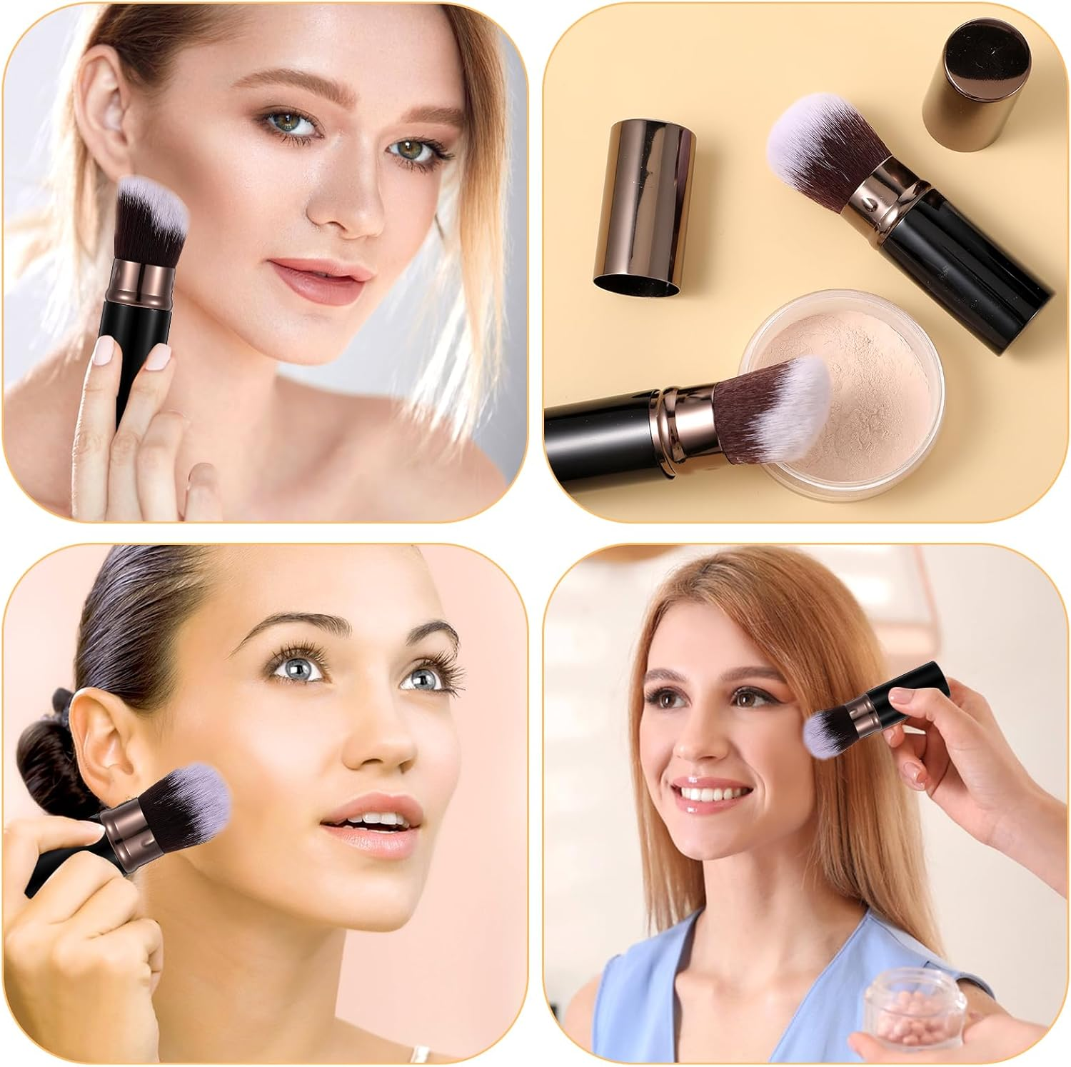 Heclia Retractable Makeup Brush 2 PCS Travel Face Blush Brushes Black Kabuki Foundation Brush with Flat and Angled Top Portable Powder Sunscreen Brushes for Blending Liquid Blush Buffing Cosmetics