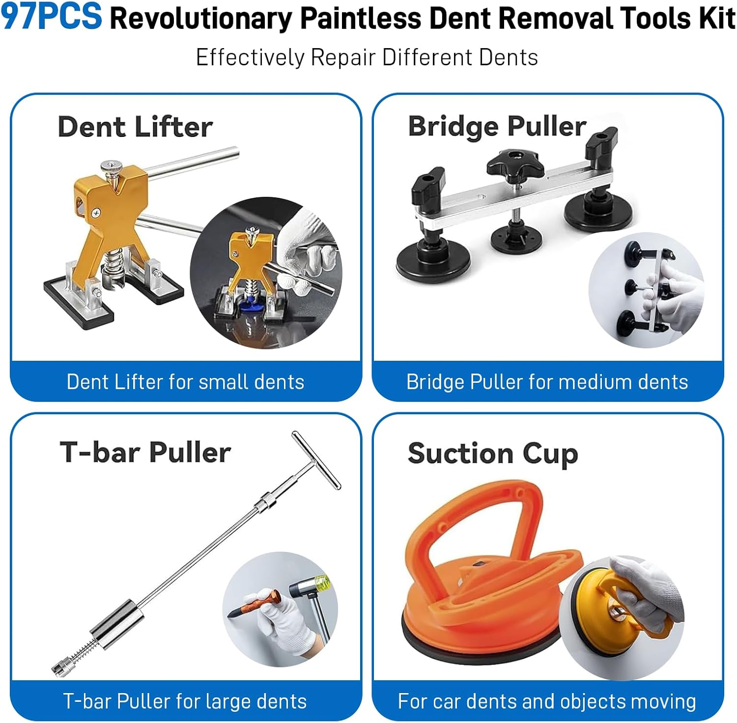 97Pcs Dent Puller Kit, Car Dent Puller for Dent Removal, Paintless Dent Removal Kit with Golden Lifter, Bridge Puller, Slide Hammer T-Bar, Dent Remover Tool for Car Refrigerator Door Ding Repair image number 2