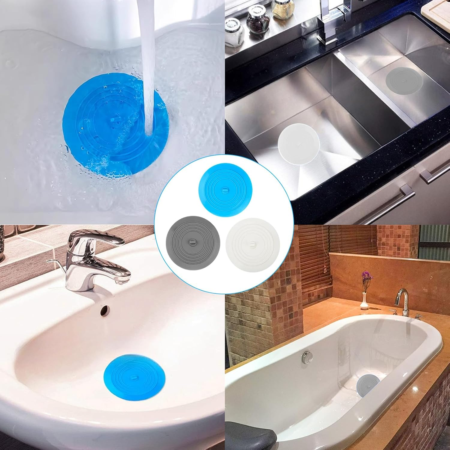 Bathtub Sink Plug, 5-Inch Tub Stopper Cover, Silicone Bathtub Plug with Flat Suction Design, Essential for Bathroom Kitchen Laundry (3 Pack) image number 2