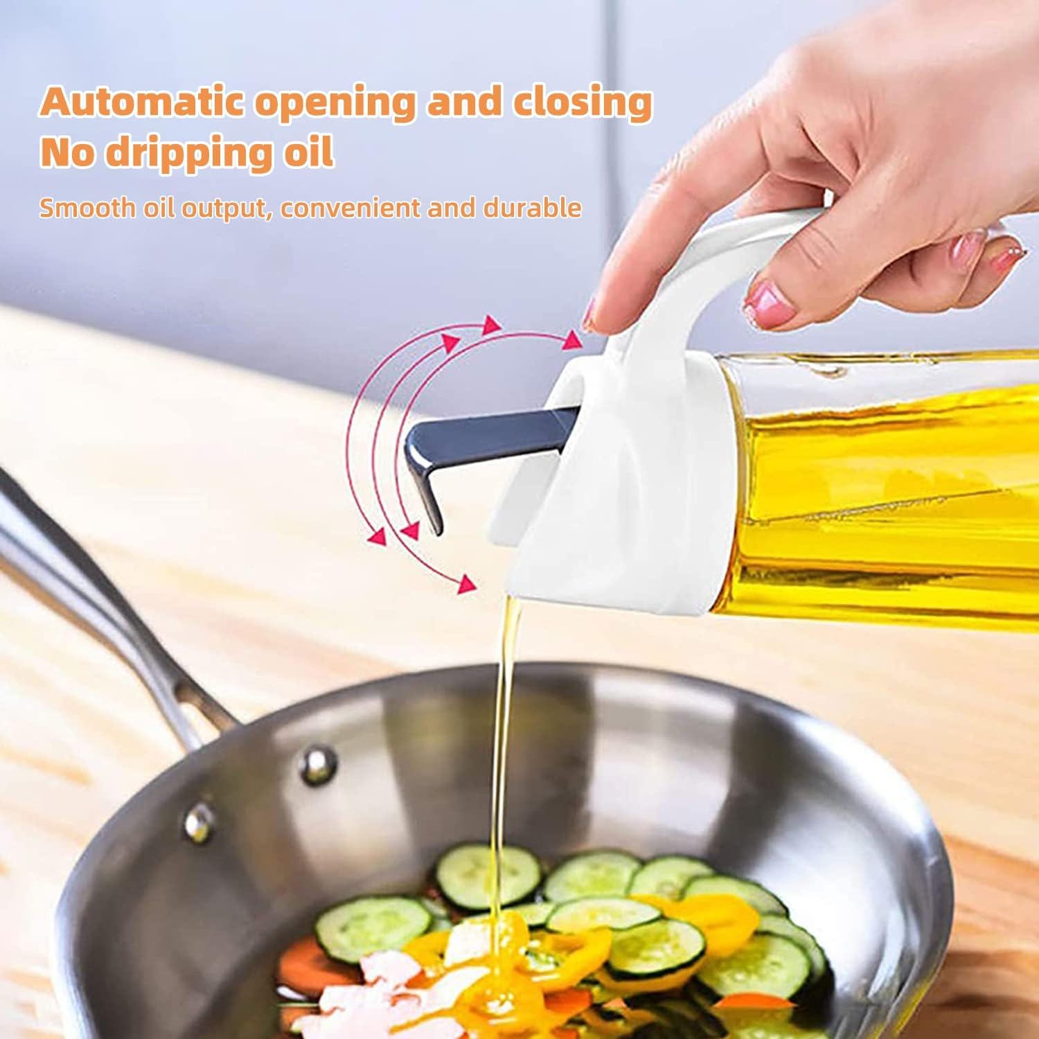 Kimilx Oil Dispenser, Cooking Olive Oil Glass Bottle, 600ML 22OZ White Auto Flip Leakproof Condiment Container, W/Automatic Cap and Stopper for Kitchen Cooking - A-600Ml image number 6