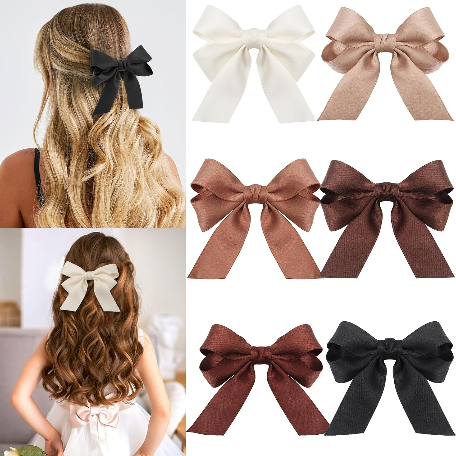 Muorruo 6 Pieces Small Hair Bows, Soft Satin Bow Clips for Women Girls Teens, Non-Slip Clips for Curly Straight Hair, Accessory for Party Wedding Gift (Brown) image number 2