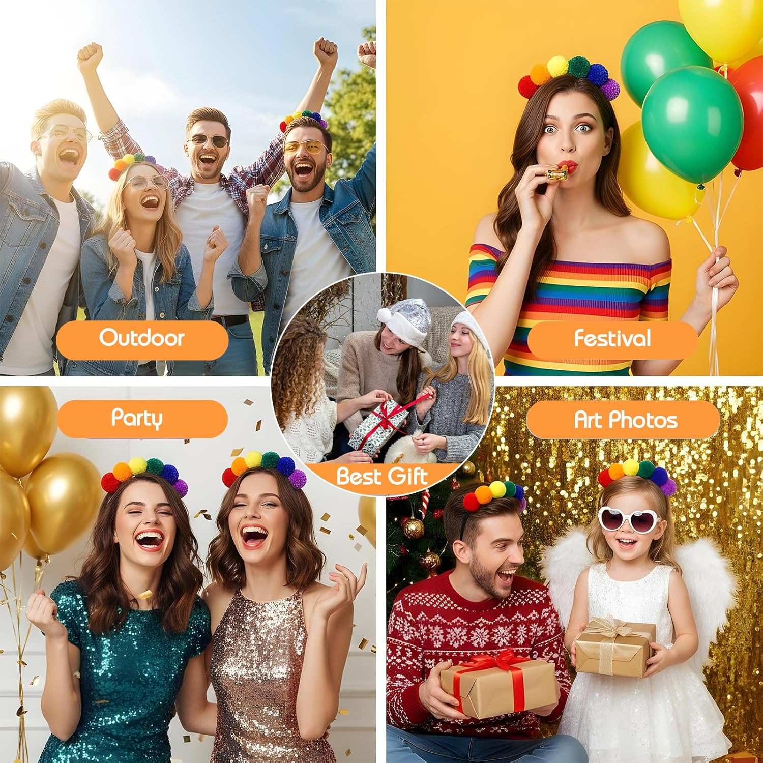 Rainbow Pompoms Headband, Colourful Hair Accessories, Carnival, Rainbow Pompom Tiara, Pom Pom Headband, Headpiece for Carnival, Fancy Dress and Party image number 1