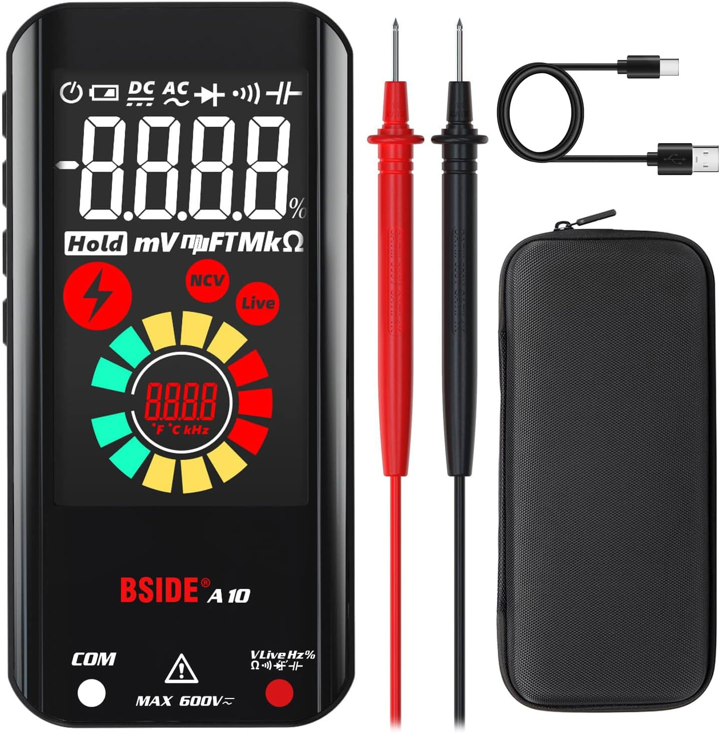BSIDE Digital Multimeter, Rechargeable with Color LCD, 3 Results Display 6000 Counts Pocket Smart Voltmeter Capacitance Diode Ohm Hz Duty Cycle V-Alert Live Check Voltage Tester, Black, Pocket Size image number 4