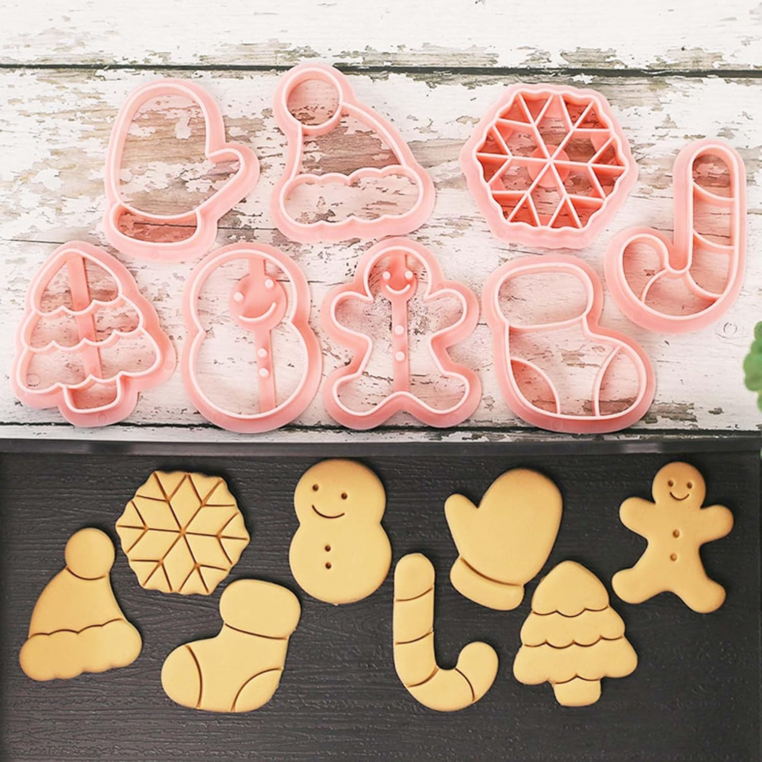 8 Piece Mini Cookie Cutters - One-Touch 3D Raised Cookie Stamps - Mini Gingerbread Man, Snowflake, Snowman, Christmas Tree Baking Molds - Ornament Cookie Cutter Set