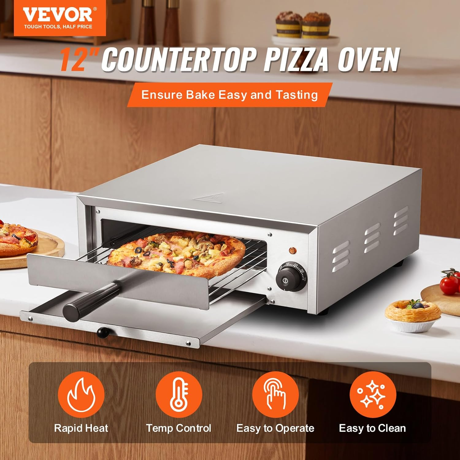 VEVOR Countertop Electric Pizza Oven, 12-Inch, 1500W, 50-350℃ Temp Range, Stainless Steel Construction and Easy-To-Clean Crumb Tray, Suitable for Both Commercial and Home Use image number 5