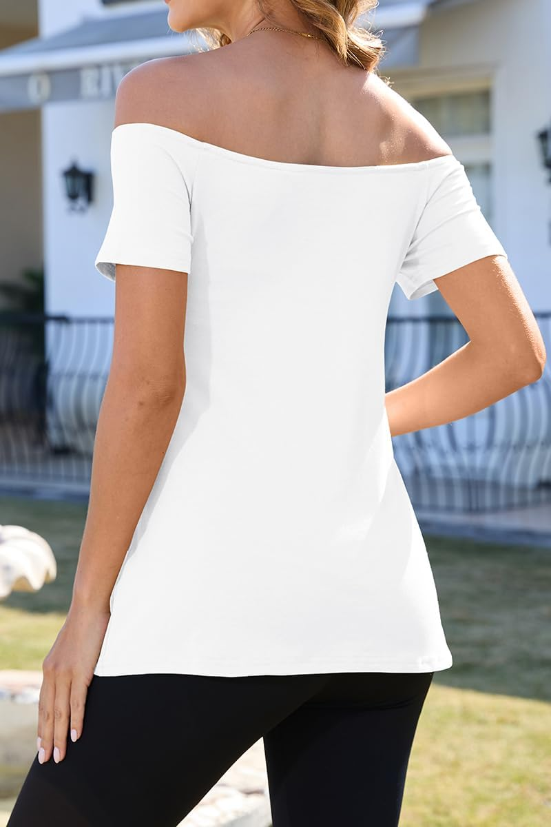 Women'S off the Shoulder Maternity Tops 2025 Trendy Summer Short Sleeve T Shirts Slim Pregnancy Shirts image number 3