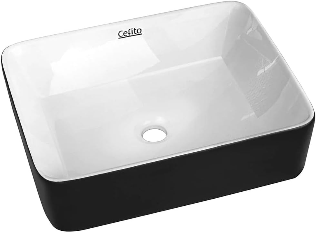 Cefito Bathroom Basin Vanity Sink, Ceramic Hand Wash Basins Vessel Sinks above Counter Top Tools Kitchen Home Improvement, Rectangle High Gloss Finish Modern Scratch-Resistant Black White
