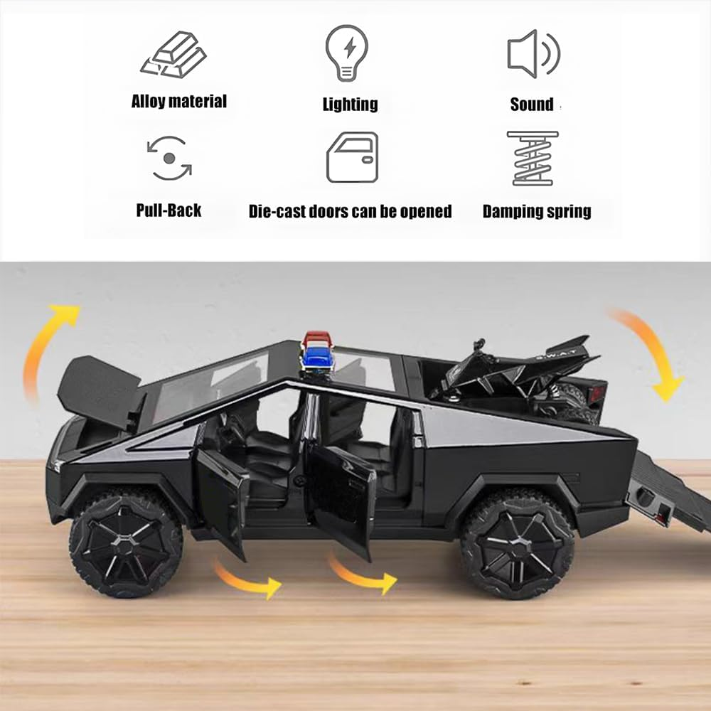 Diecast Metal Cybertruck Pickup Truck Race Car Toy with RV Motorcycle for Men Women Adult Display - Sound and Light Gift Model Y (1/32 Model 02)