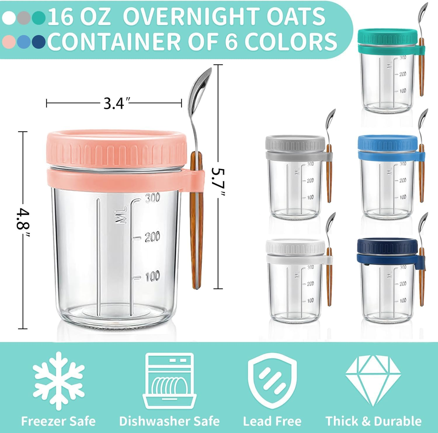 Overnight Oats Container Jars, 12 Oz Glass Airtight Yogurt Oatmeal Jars Set of 6, Overnight Oats Containers with Lids and Spoons, Large Capacity Portable Breakfast Jars Set with Measurement Marks