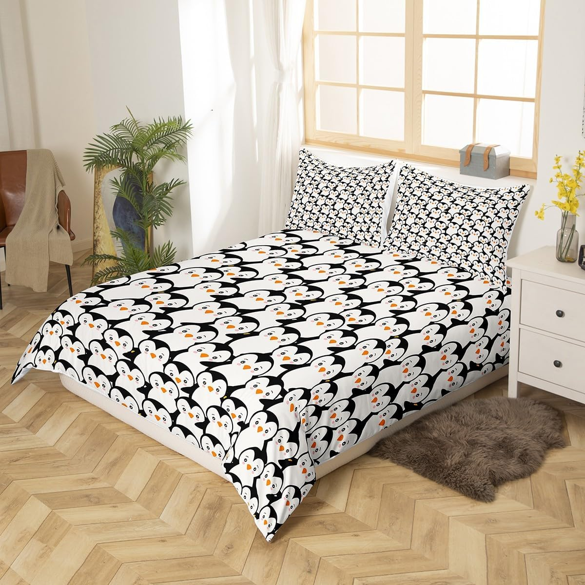 Homemissing Penguin Duvet Cover Set Cartoon Penguin Bedding Set for Kids Boys Girls Cute Animal Comforter Cover Lovely Funny Quilt Cover 3Pcs Double Size image number 2