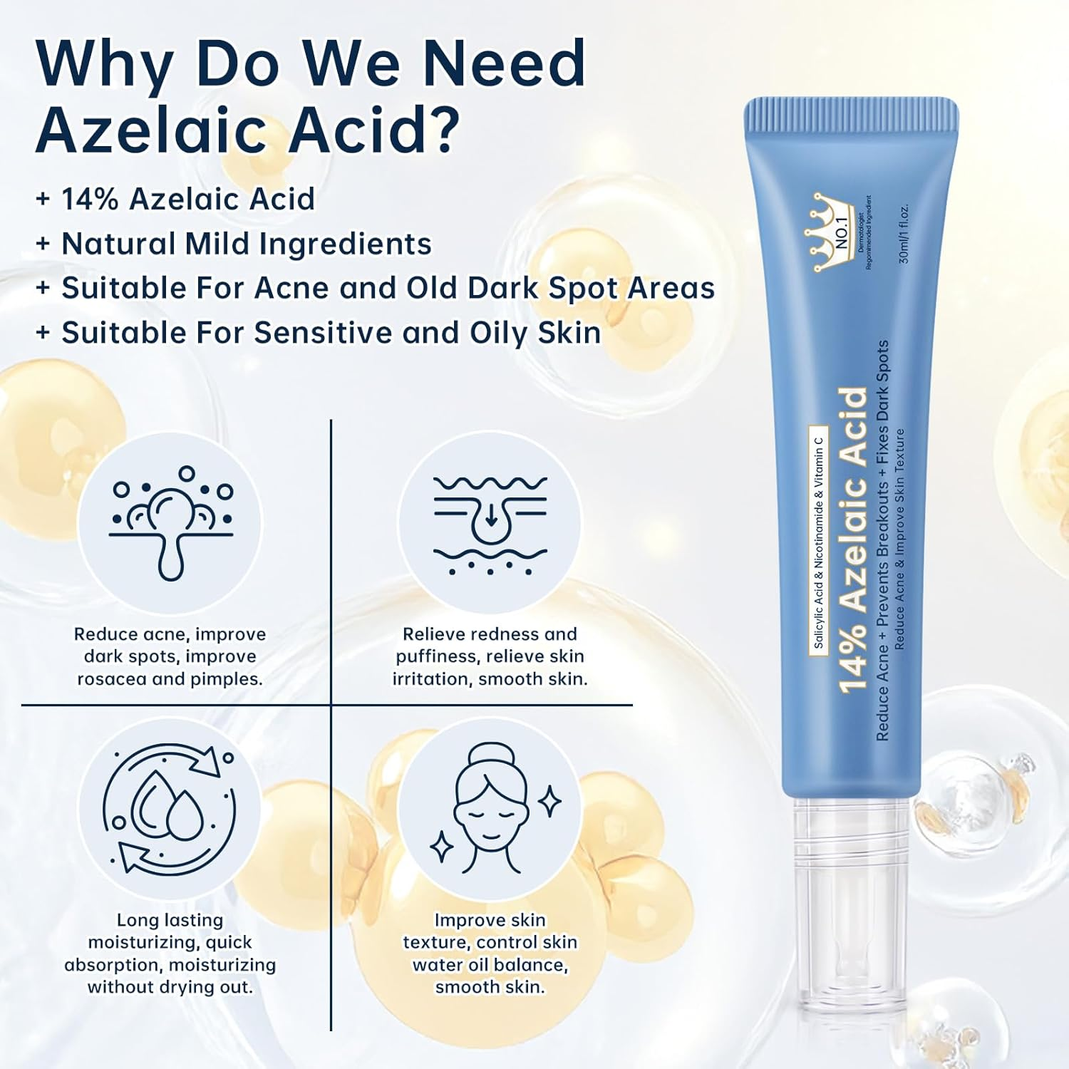 Azelaic Acid 14 Percent Cream for Face, Azelaic Acid Gel, 30ML Azelaic Acid Acne Cream with Salicylic Acid, Niacinamide & Vitamin C for Dark Spot. image number 4