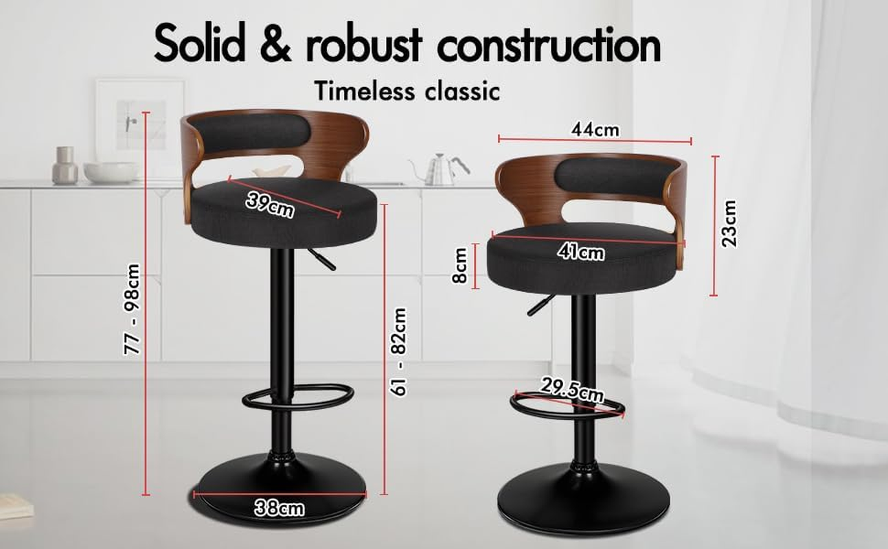 ALFORDSON Set of 4 Bar Stool Adjustable Kitchen Stool Swivel Counter Wooden Dining Chair in 61-82Cm Seat Height Gas Lift, White Bar Sets for Home Dining Room Cafe Shops Bars, Ramiro Fabric Black image number 5