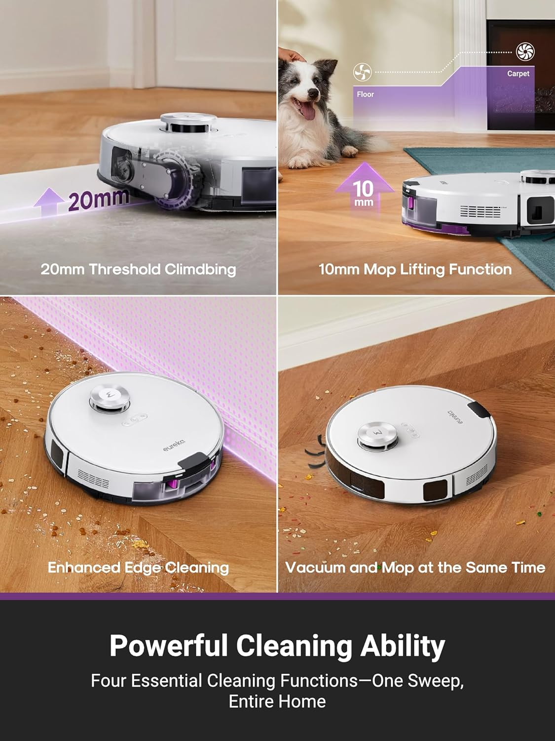 EUREKA E20 Evo plus Robot Vacuum and Mop, Bagless Self-Emptying Station, 10000Pa Suction, anti Hair-Tangling Brush, Lidar Navigation for Carpet&Hard Floors, Auto Lifting Mop, App Control, White image number 5