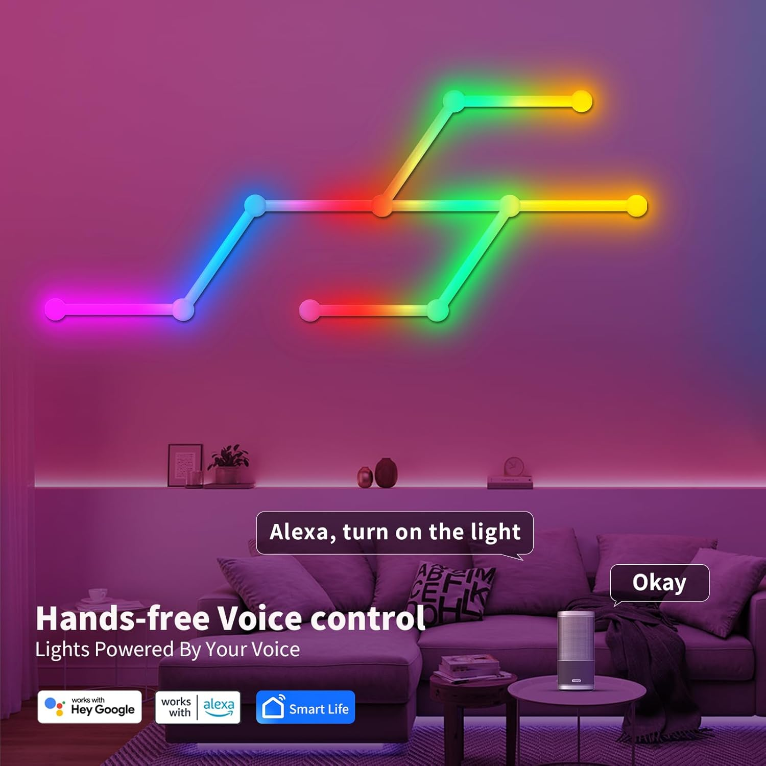 Smart Wifi RGB LED Wall Light Lines, Music Sync DIY Geometry Splicing Gaming Lights, 16M+ Color Changing Home Decor Lights Work with Alexa and Google Assistant for Game Room, Bedroom - 9 Bars image number 3