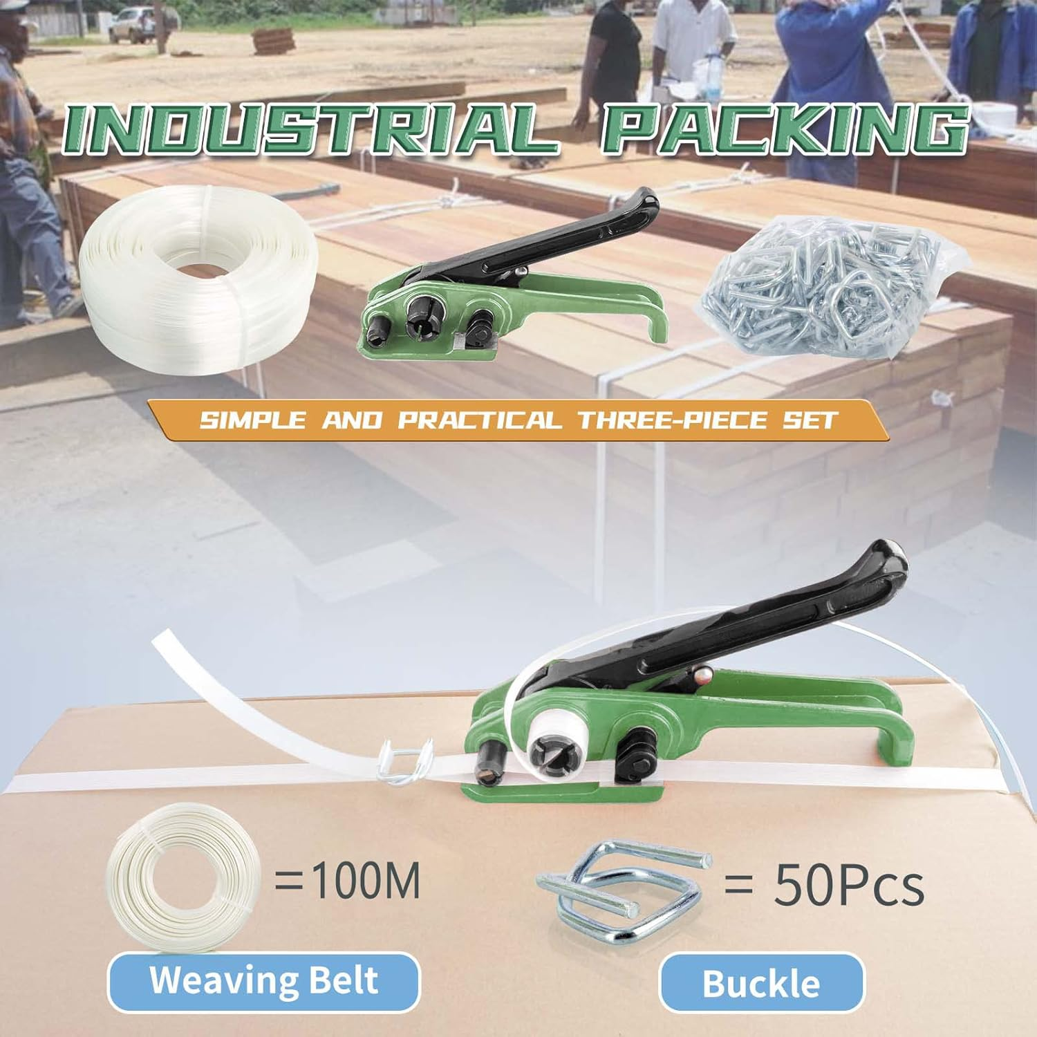 Anmas Rucci Heavy Duty Pallet Strapping Tools Kit - 3/4" X 328' Woven Cord Strapping Kit, 2000 Lbs Break Strength, Strapping Tensioner Tool, 50Pcs Reusable Buckles image number 2