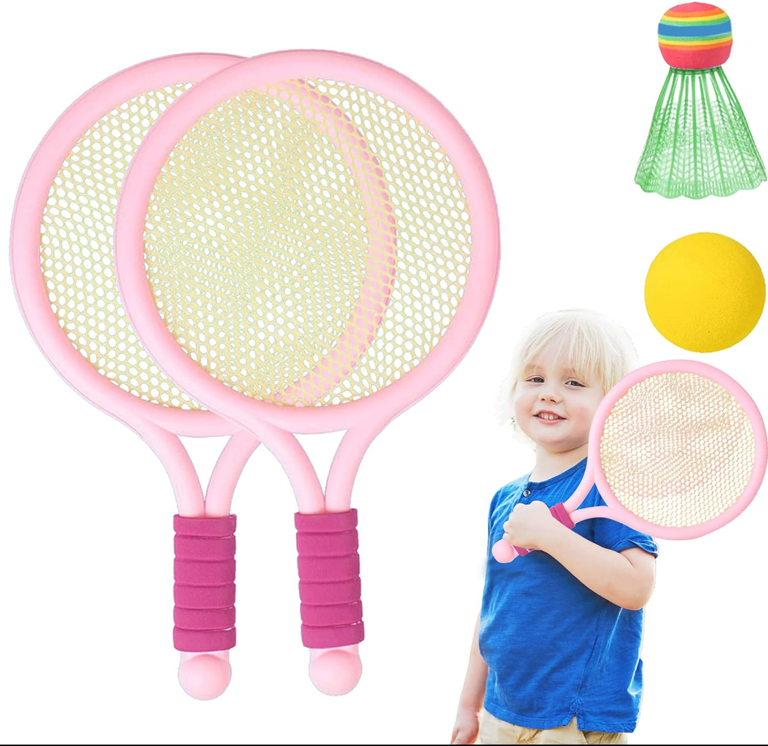 Kids Tennis Racket Set with Ball,16 Inch Plastic Tennis Racket with 4 Tennis Balls and 4 Shuttlecocks for Kid, Beach Kindergarten Baby Parent Child Interactive Toys, Toddler Outdoor/Indoor Sport(Pink) image number 4