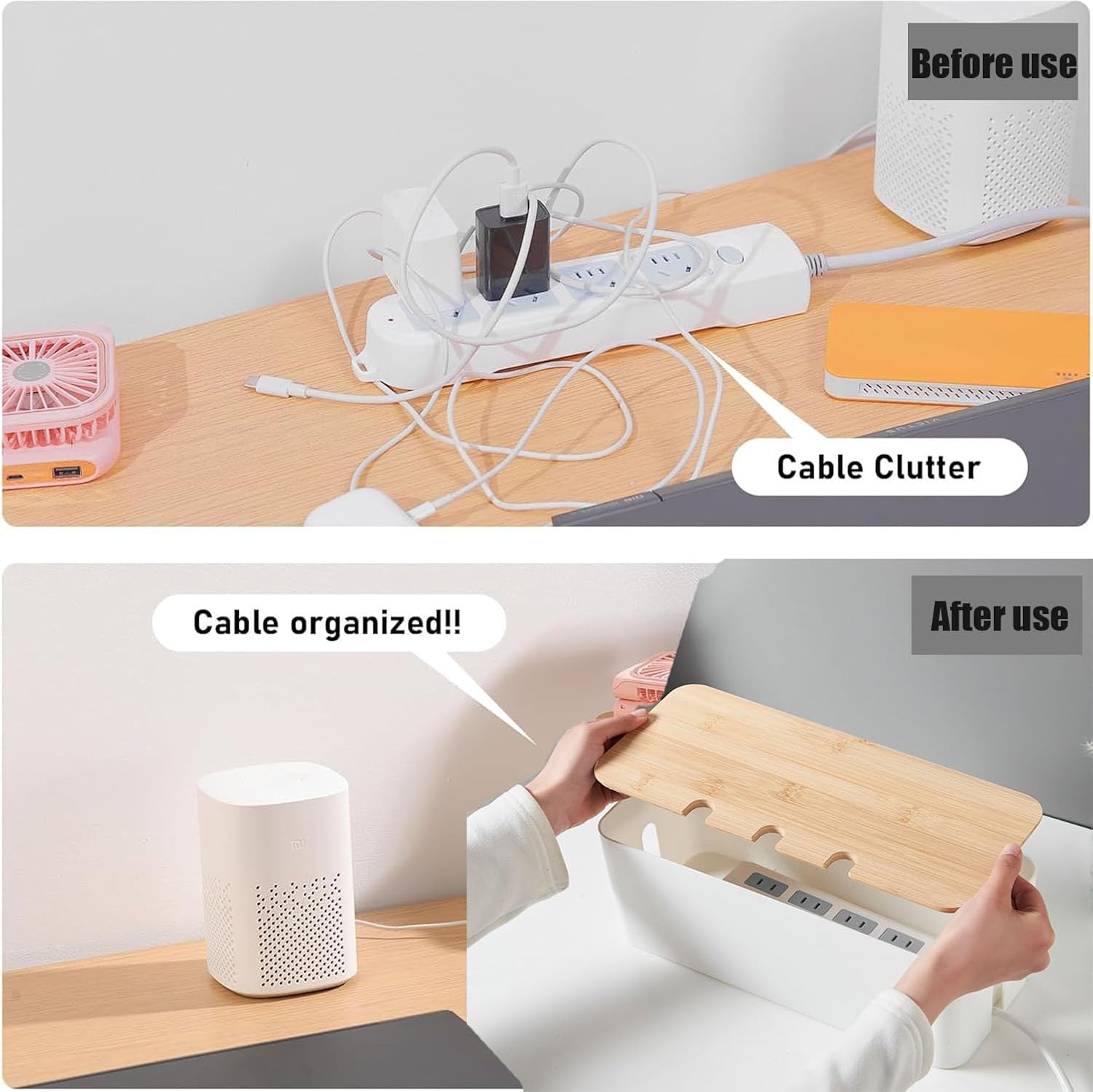 Cable Management Box with Bamboo Lid, Wires Keeper Holder, Small Cord Hider Box Cord Organizer Boxs, Power Strip Box for Desk TV Computer USB Hub System to Cover and Hide to Conceal Surge Protector image number 2