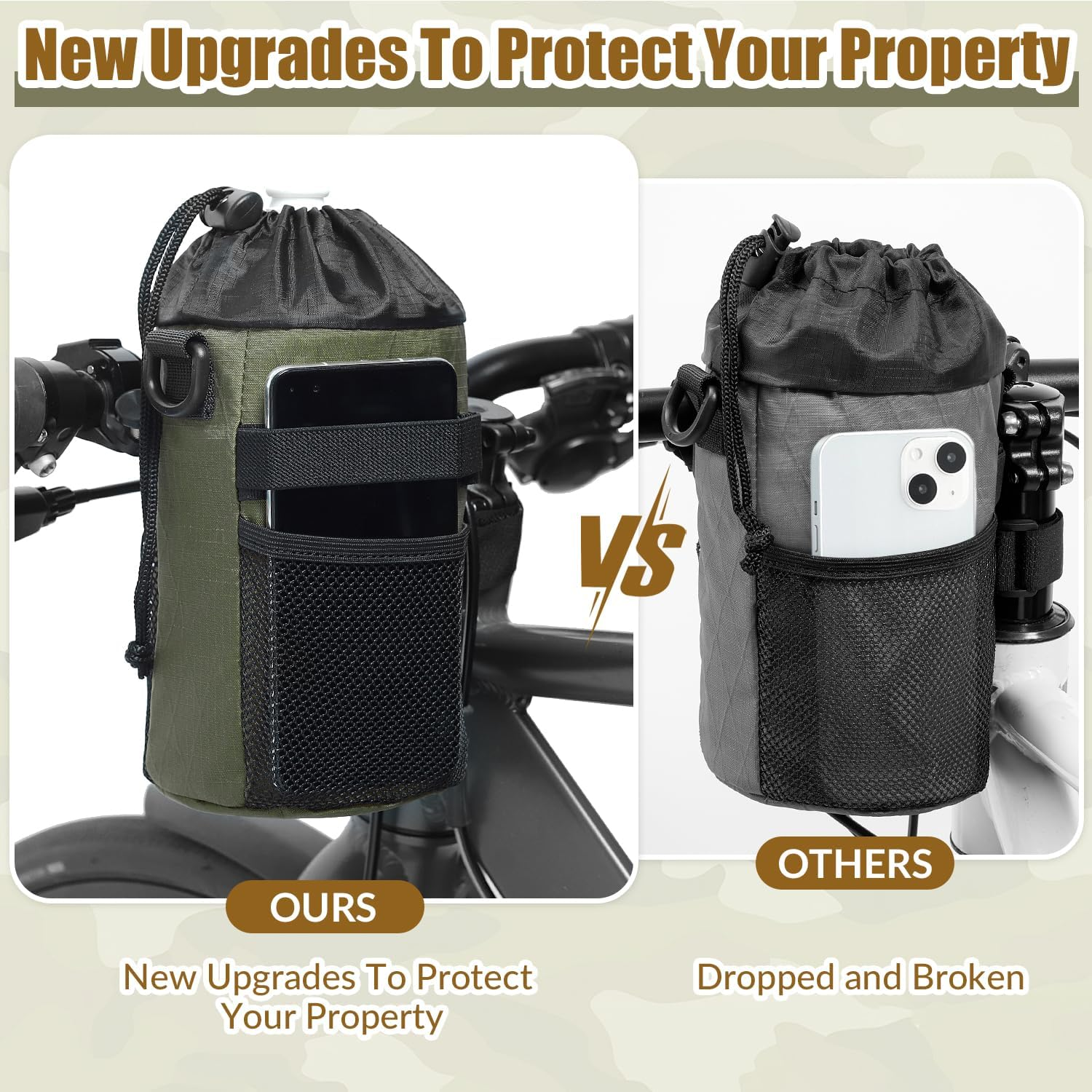 WOTOW Bike Handlebar Bottle Bag - Bicycle Insulated Stem Drink Cup Holder Water Bottle Bag Waterproof Pouch with Adjustable Shoulder Straps Mesh Pockets for All Bikes Daily Use Touring Commuting image number 6