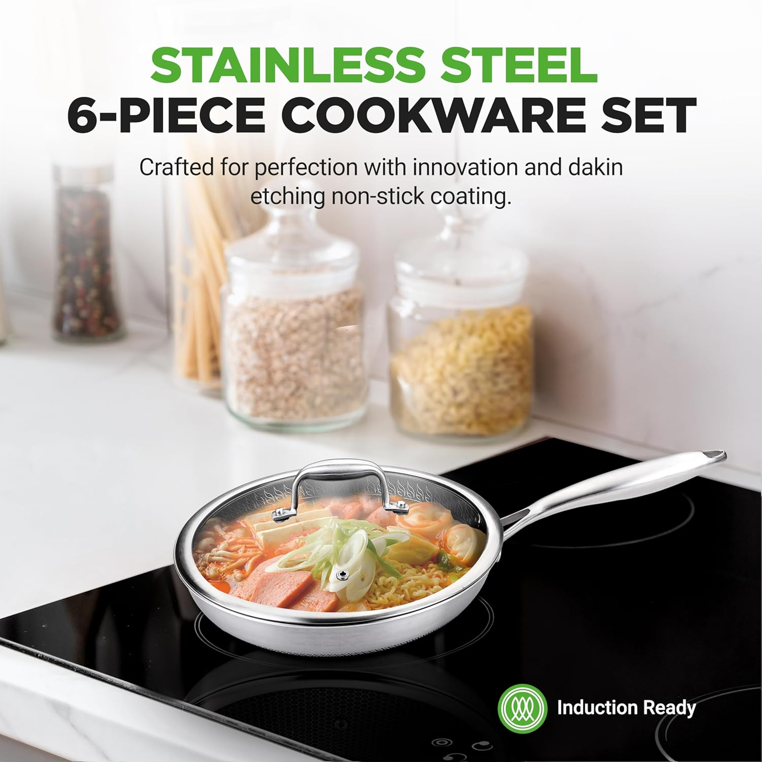 Nutrichef 6-Piece Cookware Set Stainless Steel - Triply Kitchenware Pans Set Kitchen Cookware W/Dakin Etching Non-Stick Coating - Small, Medium, & Large Stir Fry Pan with Lid - NC3PFRY3 image number 3