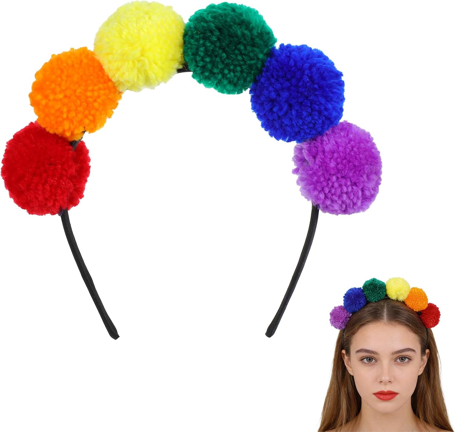 Rainbow Pompoms Headband, Colourful Hair Accessories, Carnival, Rainbow Pompom Tiara, Pom Pom Headband, Headpiece for Carnival, Fancy Dress and Party image number 5