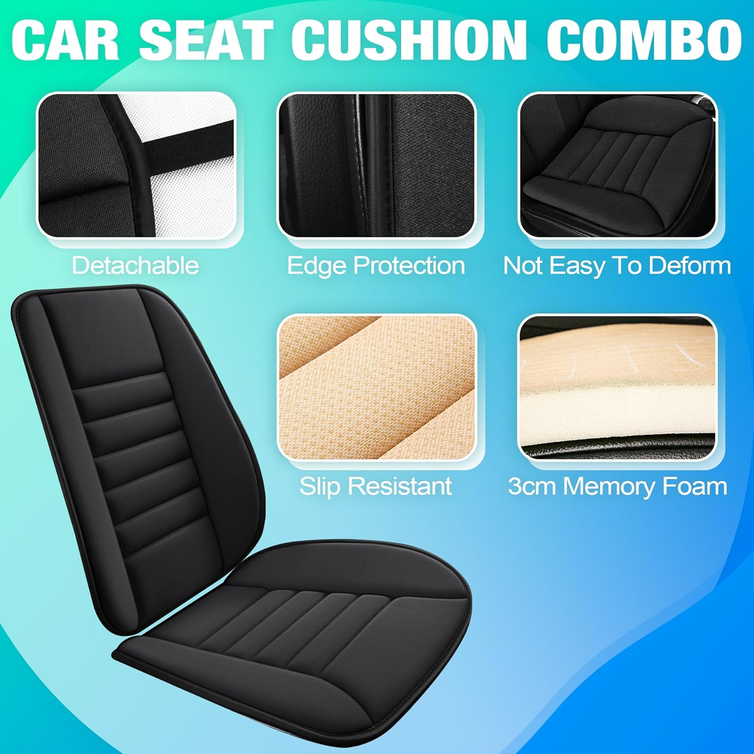 MYFAMIREA Car Seat Cushion and Back Support Pillow 1.2'' Thick Memory Foam Desk Chair Cushion Back Support for Automotive Seat Driver, Travel, Leg and Back Pain Relief, Washable, Adjustable, Black image number 3