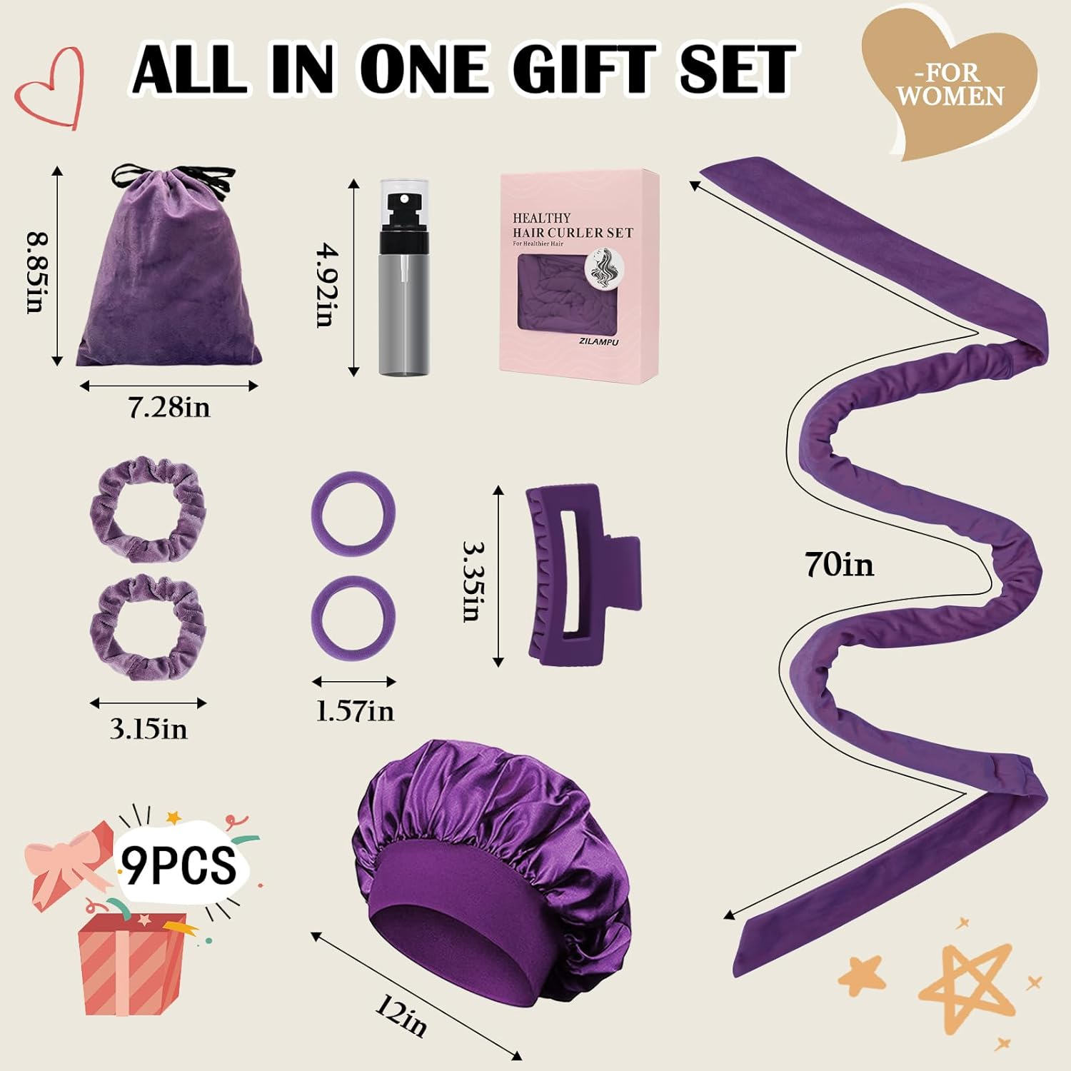 ZILAMPU Heatless Hair Curler, Heatless Hair Curlers to Sleep in Overnight Curls Headband, 70" Long Soft No Heat Curling Headband for Women Girl Long Wave Hair Rollers, 9 PCS Heatless Curl Set -Purple image number 1