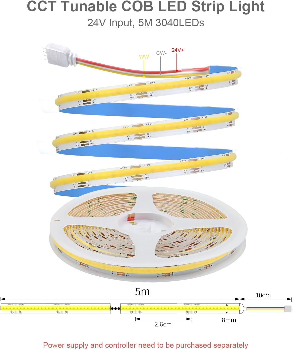 ALITOVE 24V COB LED Light Strip White CCT Tunable CRI>90 Diffused LED Strip Light Kit with Remote APP Control Music Mode 16.4Ft 3040Leds Dimmable 2700K-6500K LED Tape Light for Home Mirror Bookshelf image number 6