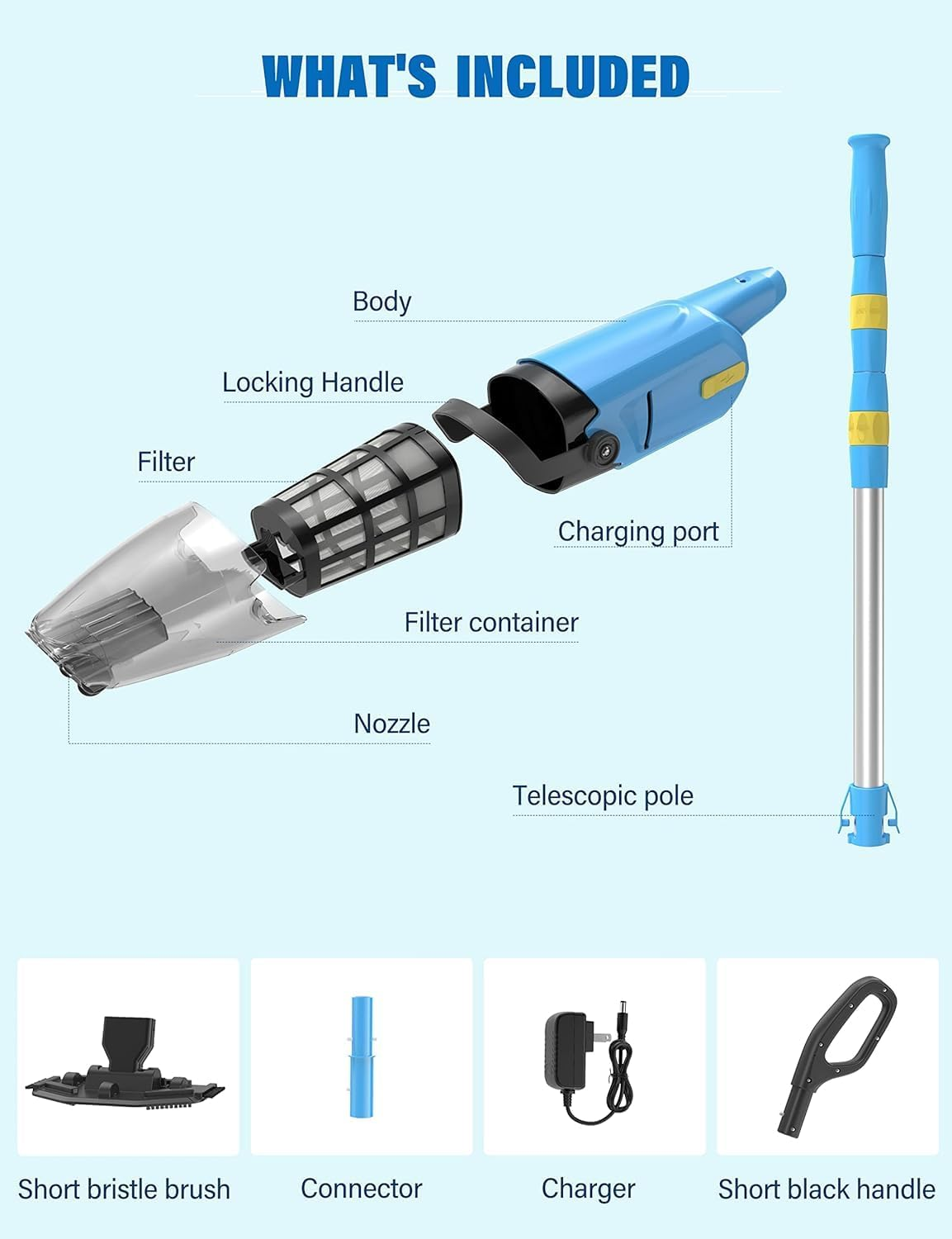 Oxseryn Cordless Pool Vacuum, Powerful Pool Cleaner with Rechargeable Battery Running up to 60 Minutes, Blue image number 4