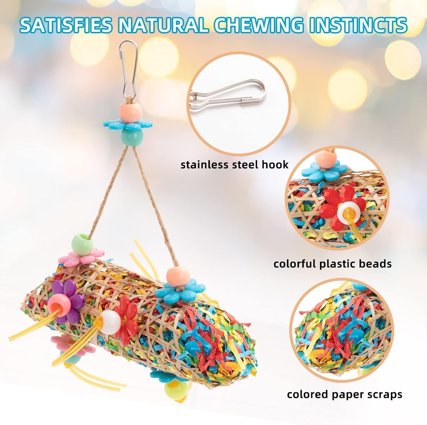 16 Pcs Bird Toys,Parrot with Colorful Chewing Shredding Foraging,Perches,Parakeet Toys for Rope Bungee image number 4