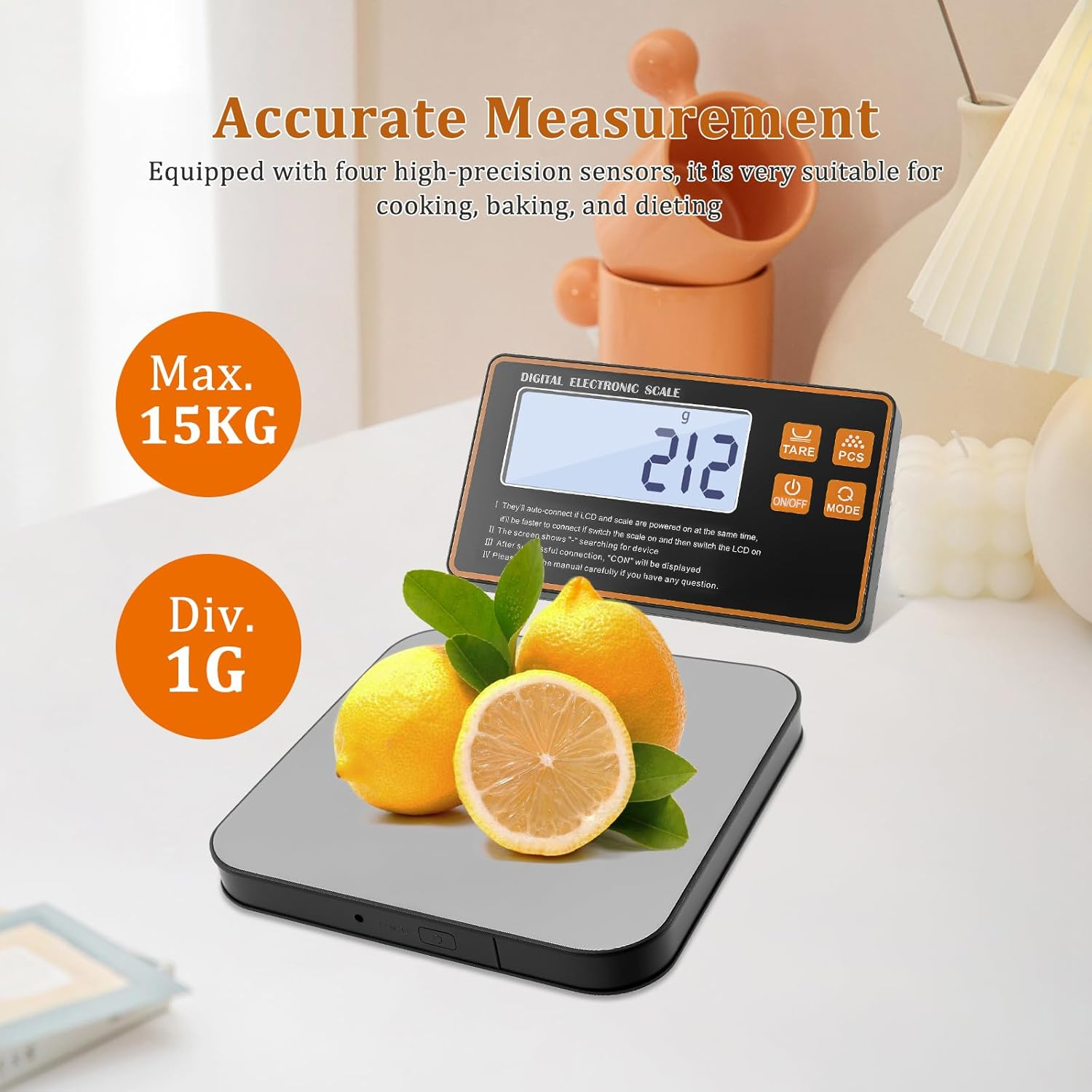 Food Scale with Detachable Display, 15Kg Wireless Digital Kitchen Scale with 1G Precise Graduation, Electronic Food Weighing Scales for Cooking Baking