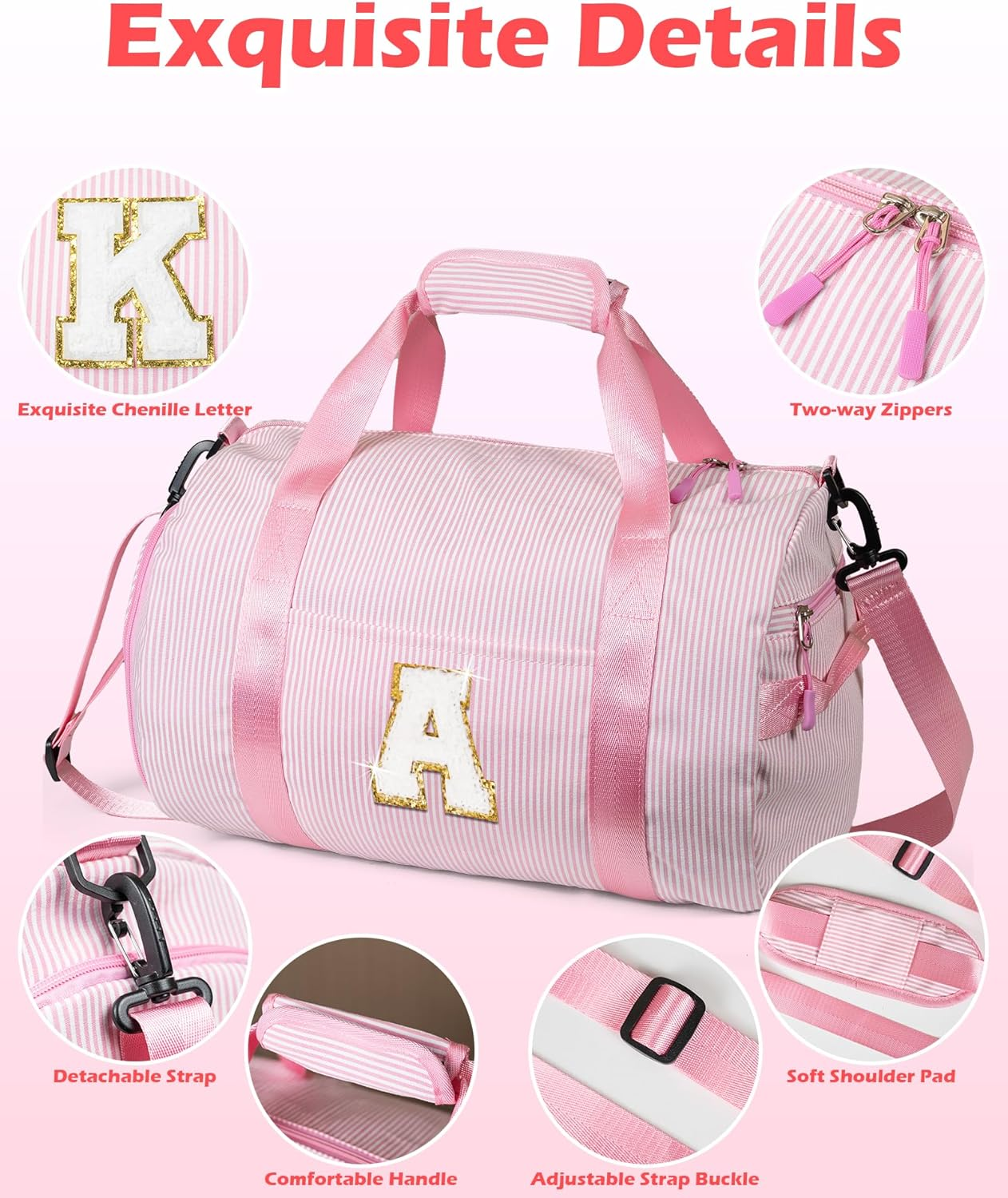 Vogewood Gift for Teenager, Girls Travel Duffle Bag, Kids Initial Overnight Duffel Bags with Shoe Compartment, Personalized Weekender Bag with Makeup Pouch, Teen Girl Gifts Trendy Stuff, Pink, C image number 2